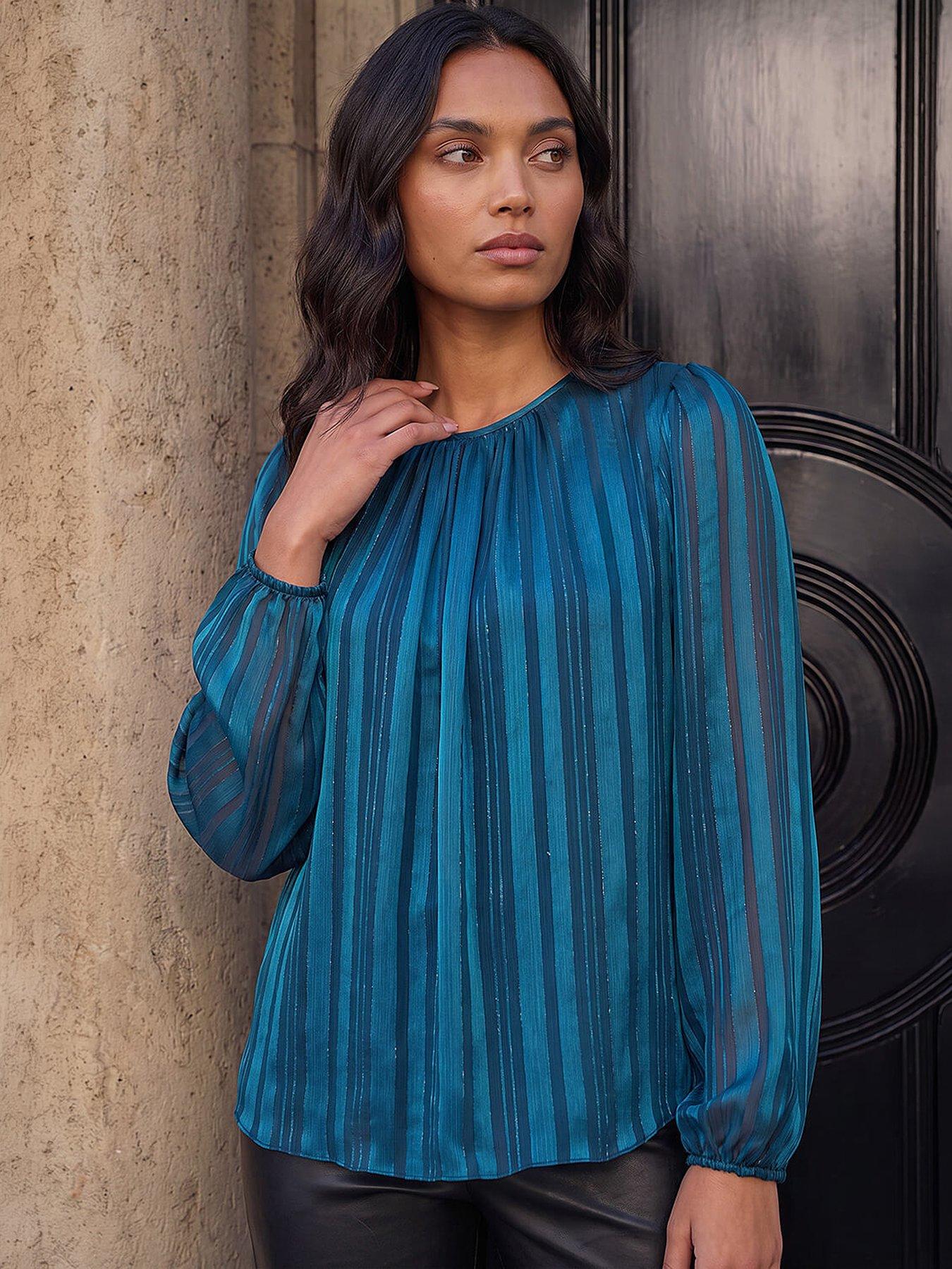Image 1 of 4 of Roman Womens Satin Stripe Pleated Long Sleeve Blouse - Blue