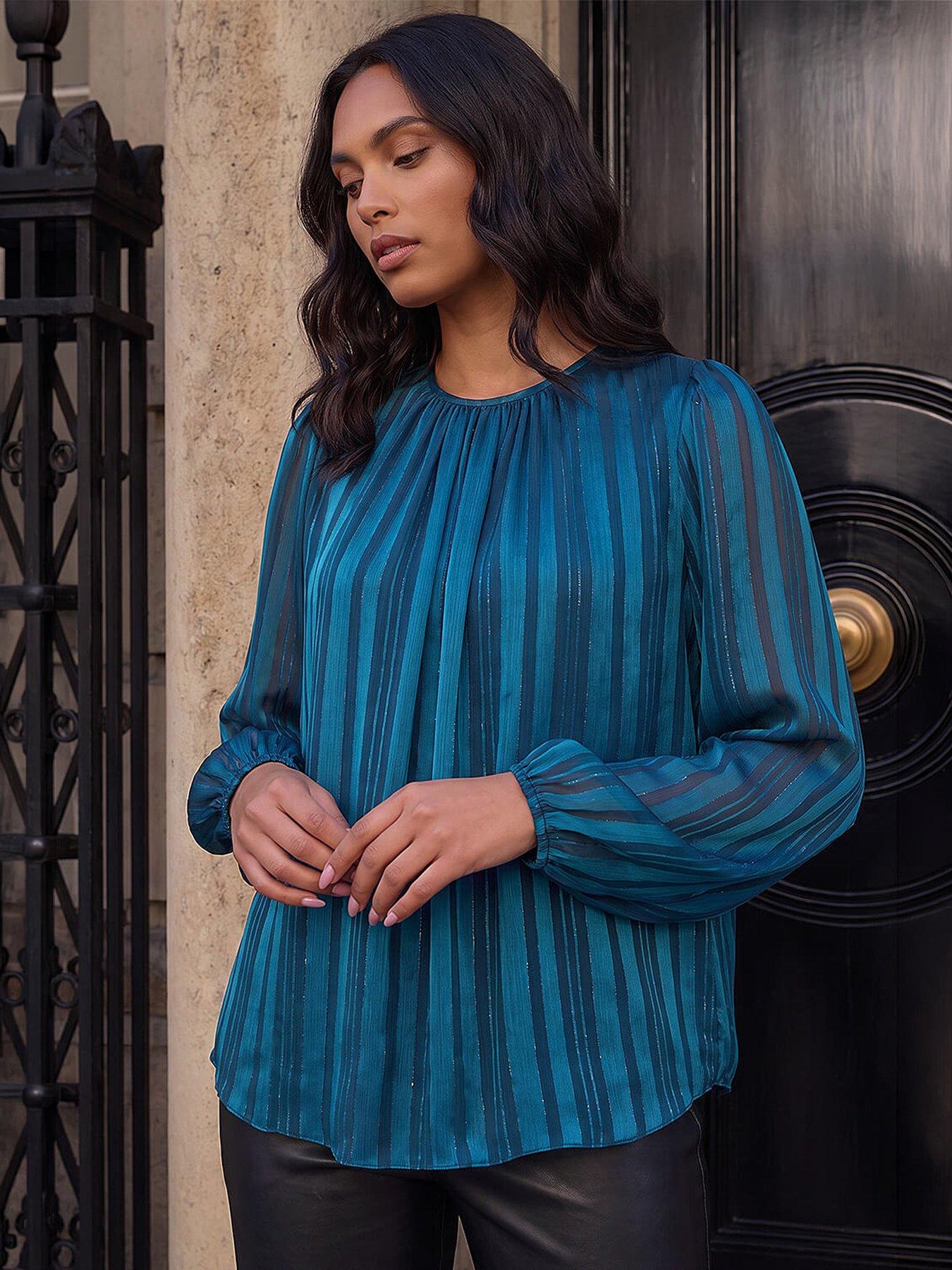 Image 4 of 4 of Roman Womens Satin Stripe Pleated Long Sleeve Blouse - Blue