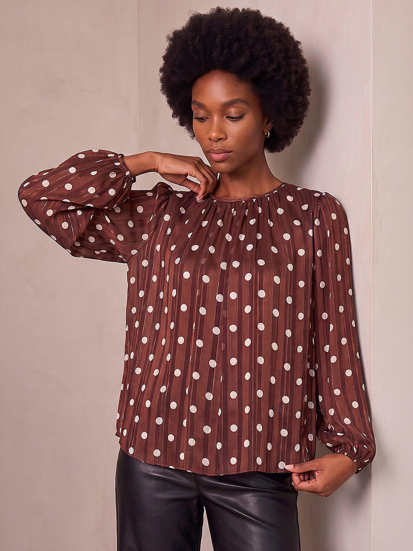 Image 1 of 4 of Roman Womens Polka Dot Metallic Thread Long Sleeve Top - Brown