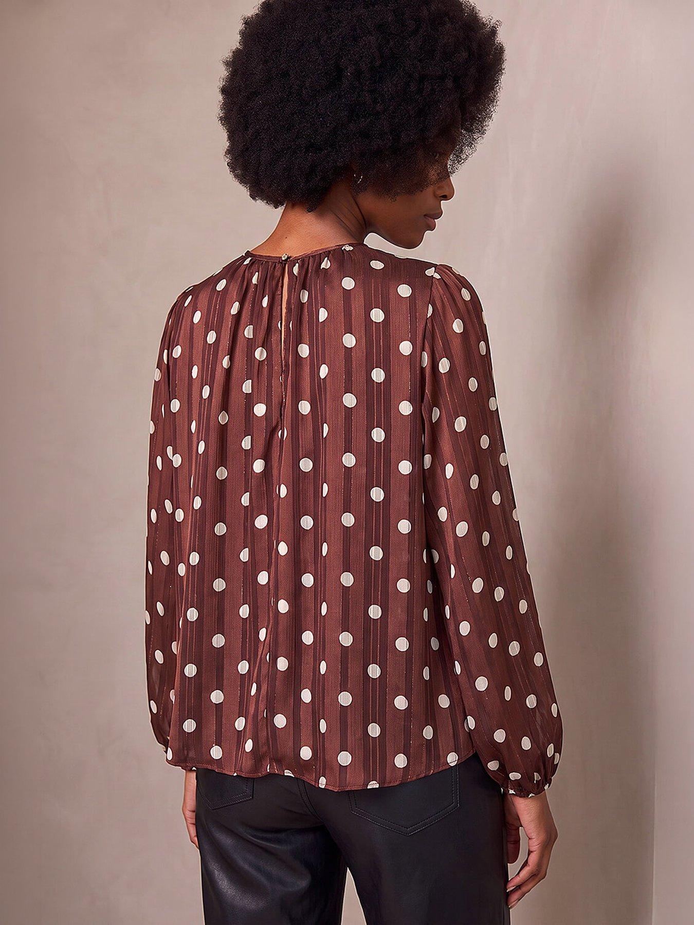 Image 2 of 4 of Roman Womens Polka Dot Metallic Thread Long Sleeve Top - Brown