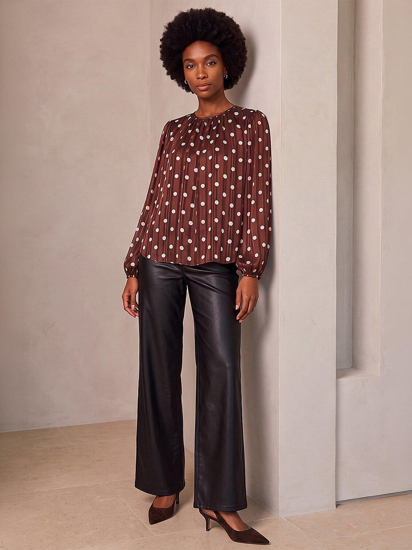 Image 3 of 4 of Roman Womens Polka Dot Metallic Thread Long Sleeve Top - Brown