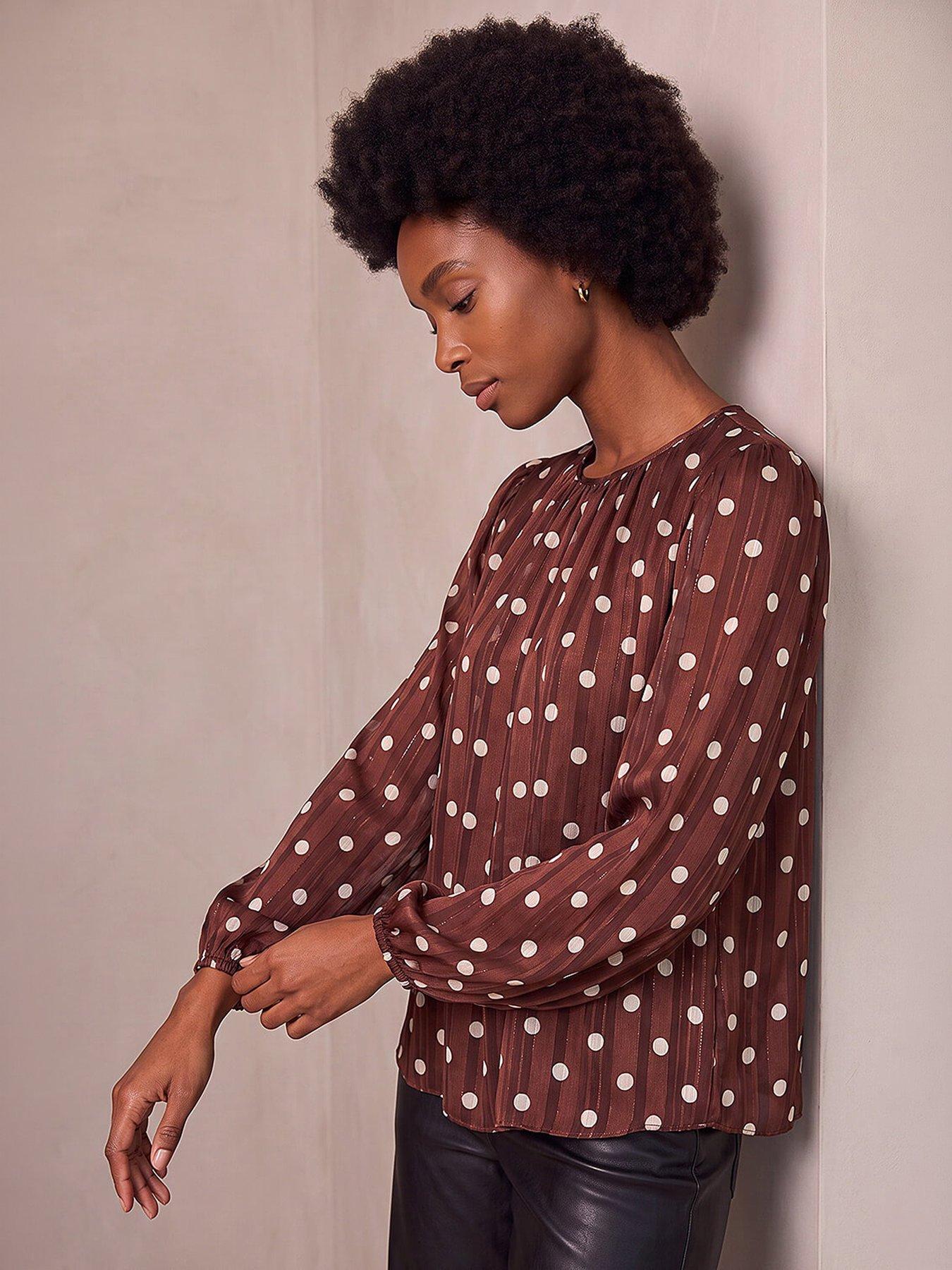 Image 4 of 4 of Roman Womens Polka Dot Metallic Thread Long Sleeve Top - Brown