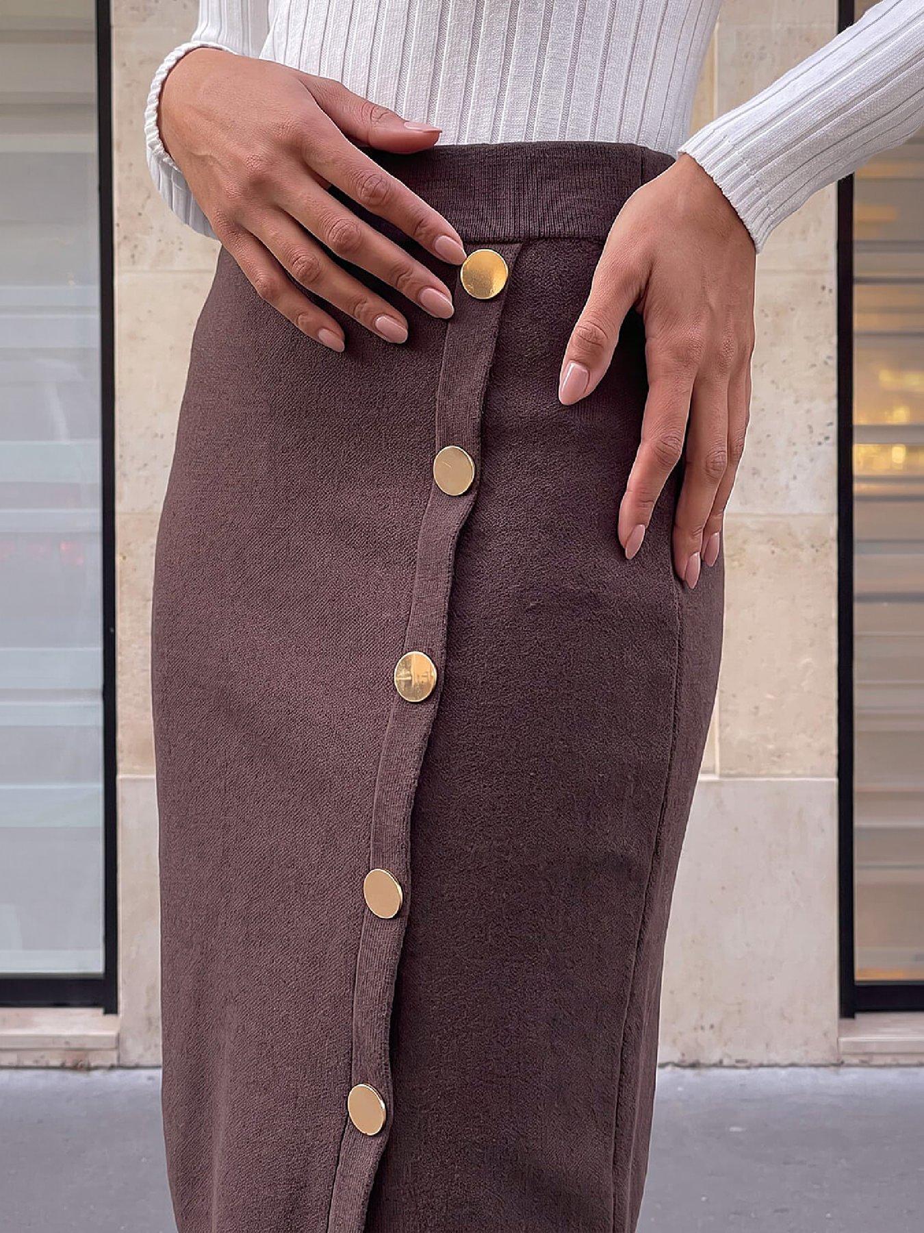 Image 2 of 4 of Roman Womens Button Wrap Pencil Skirt - Brown
