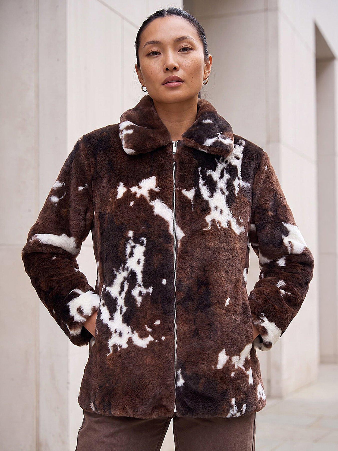 Image 1 of 4 of Roman Womens Cow Print Faux Fur Zip Through Jacket - Brown
