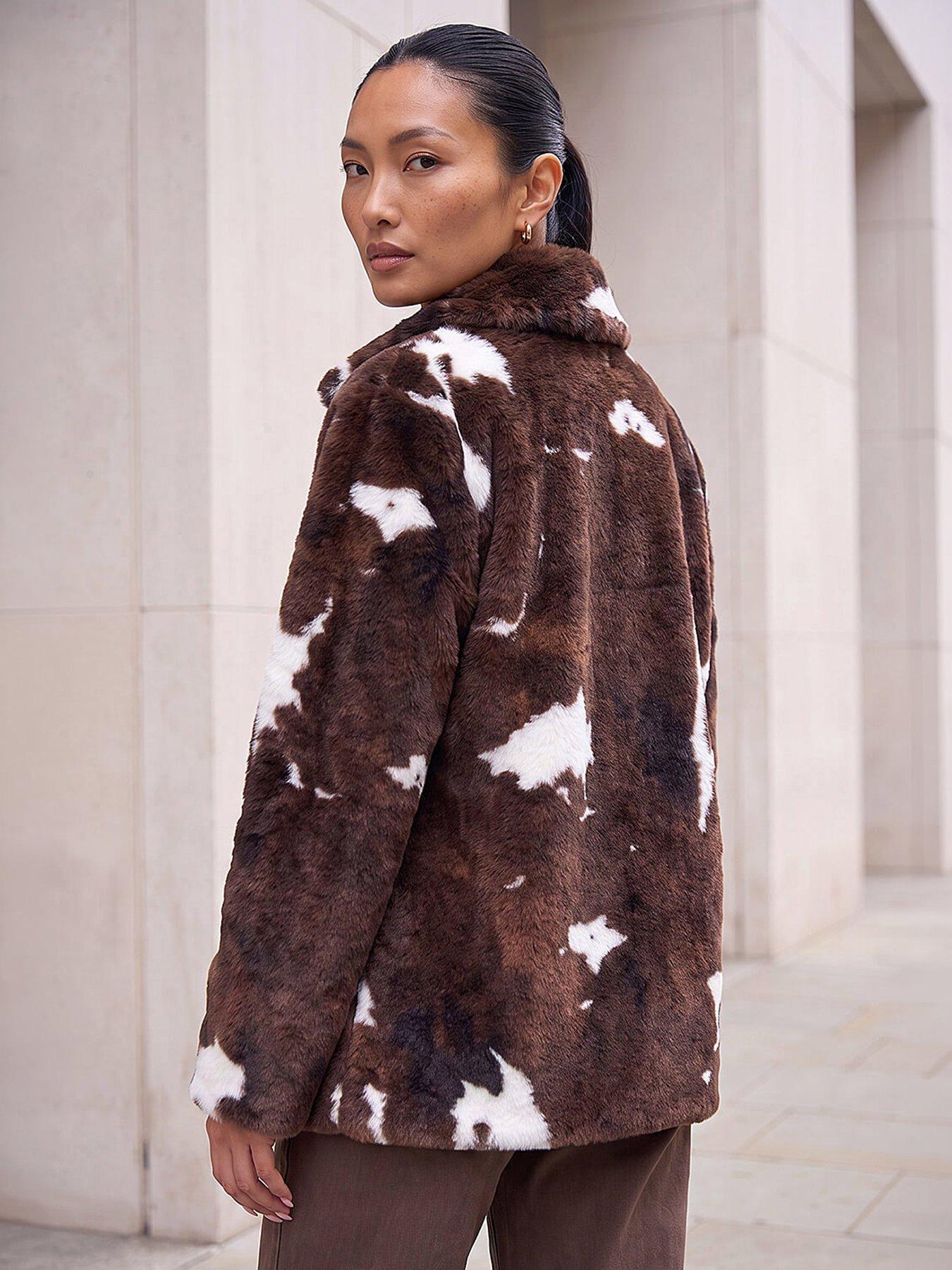 Image 2 of 4 of Roman Womens Cow Print Faux Fur Zip Through Jacket - Brown