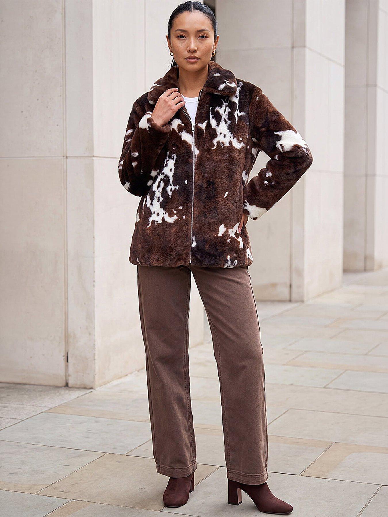 Image 3 of 4 of Roman Womens Cow Print Faux Fur Zip Through Jacket - Brown