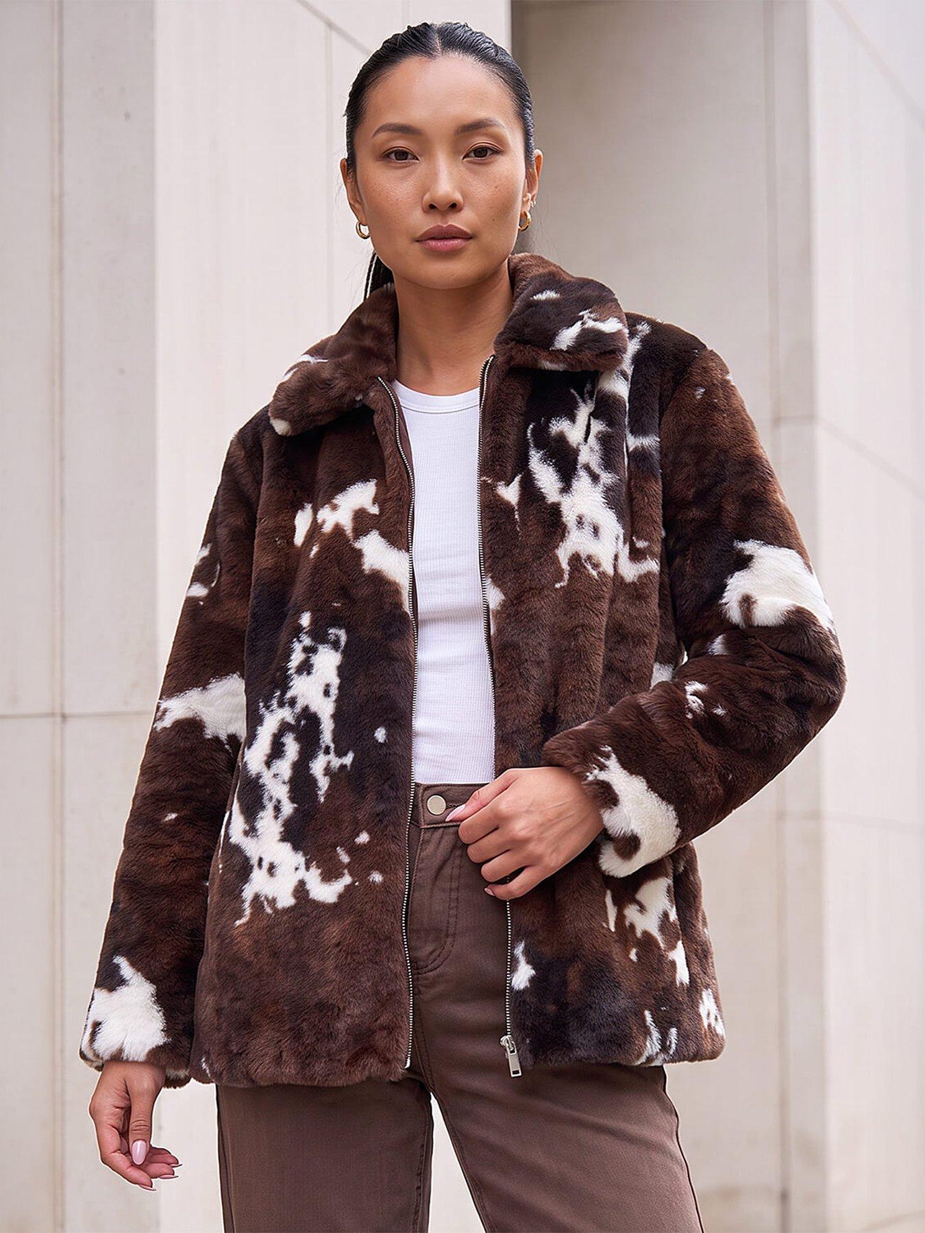 Image 4 of 4 of Roman Womens Cow Print Faux Fur Zip Through Jacket - Brown