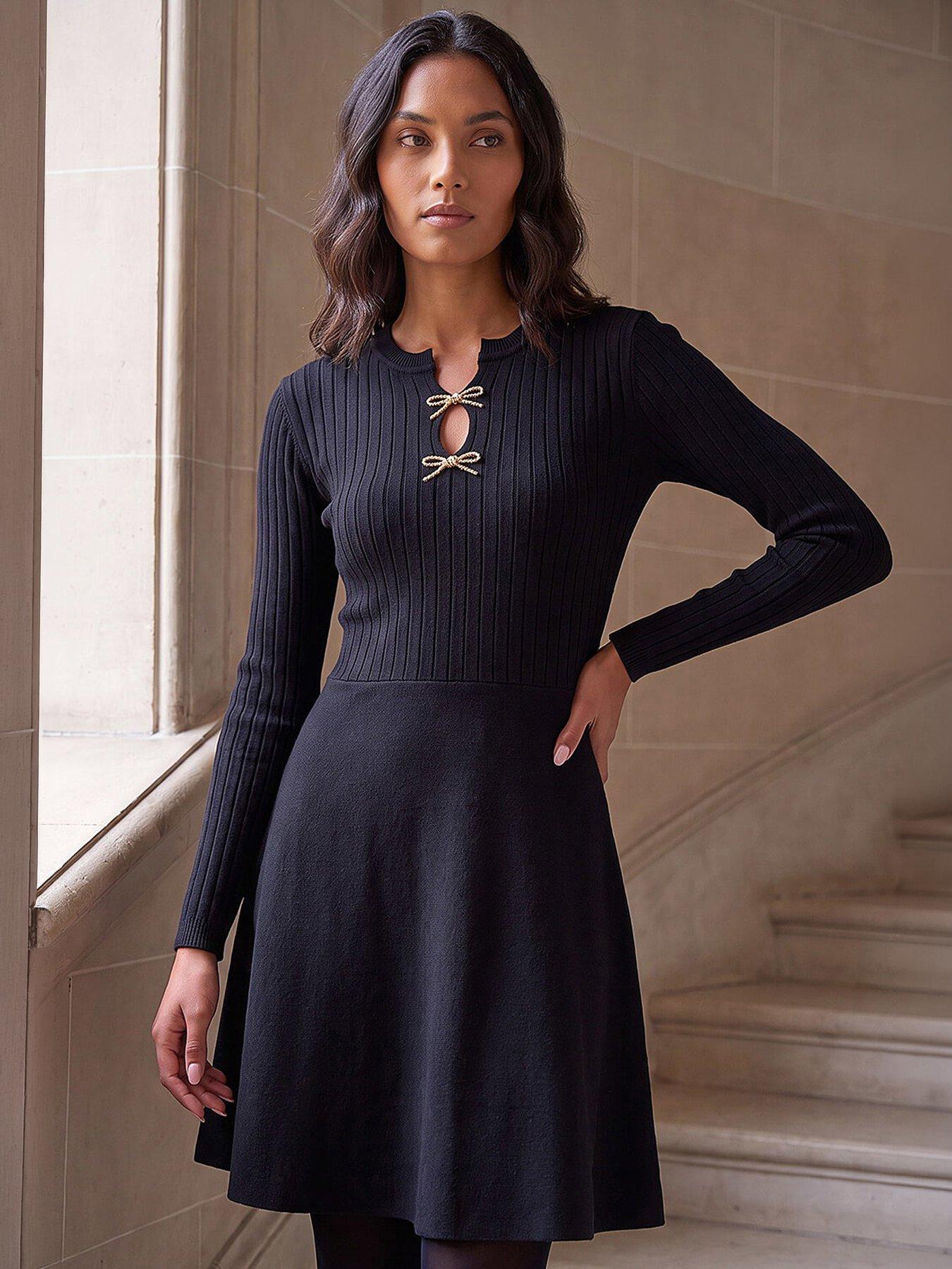 Image 1 of 4 of Roman Womens Metal Bow Ribbed Skater Dress - Black