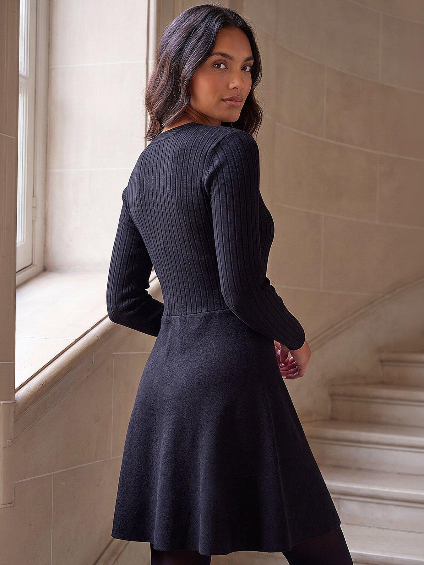 Image 3 of 4 of Roman Womens Metal Bow Ribbed Skater Dress - Black