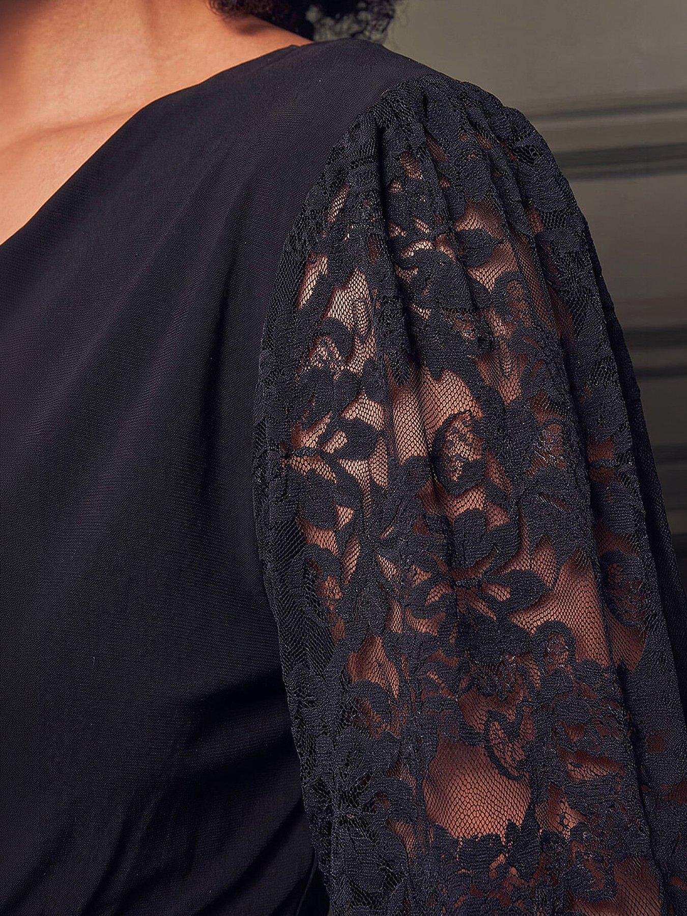 Image 2 of 4 of Roman Womens Lace Sleeve Wrap Top - Black