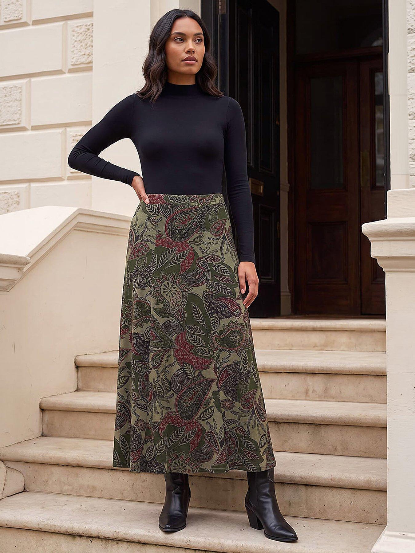 Image 4 of 4 of Roman Womens Paisley Print Midi Skirt - Green