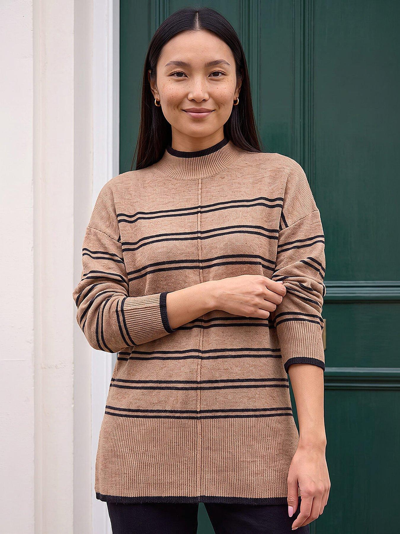 Image 1 of 4 of Roman Womens Stripe High Neck Seam Detail Jumper - Brown