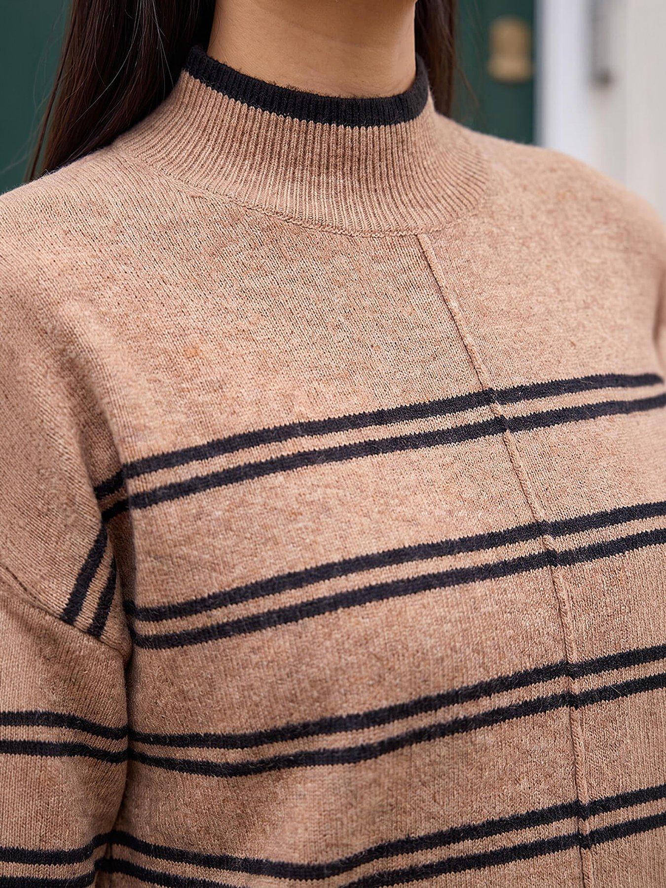 Image 2 of 4 of Roman Womens Stripe High Neck Seam Detail Jumper - Brown