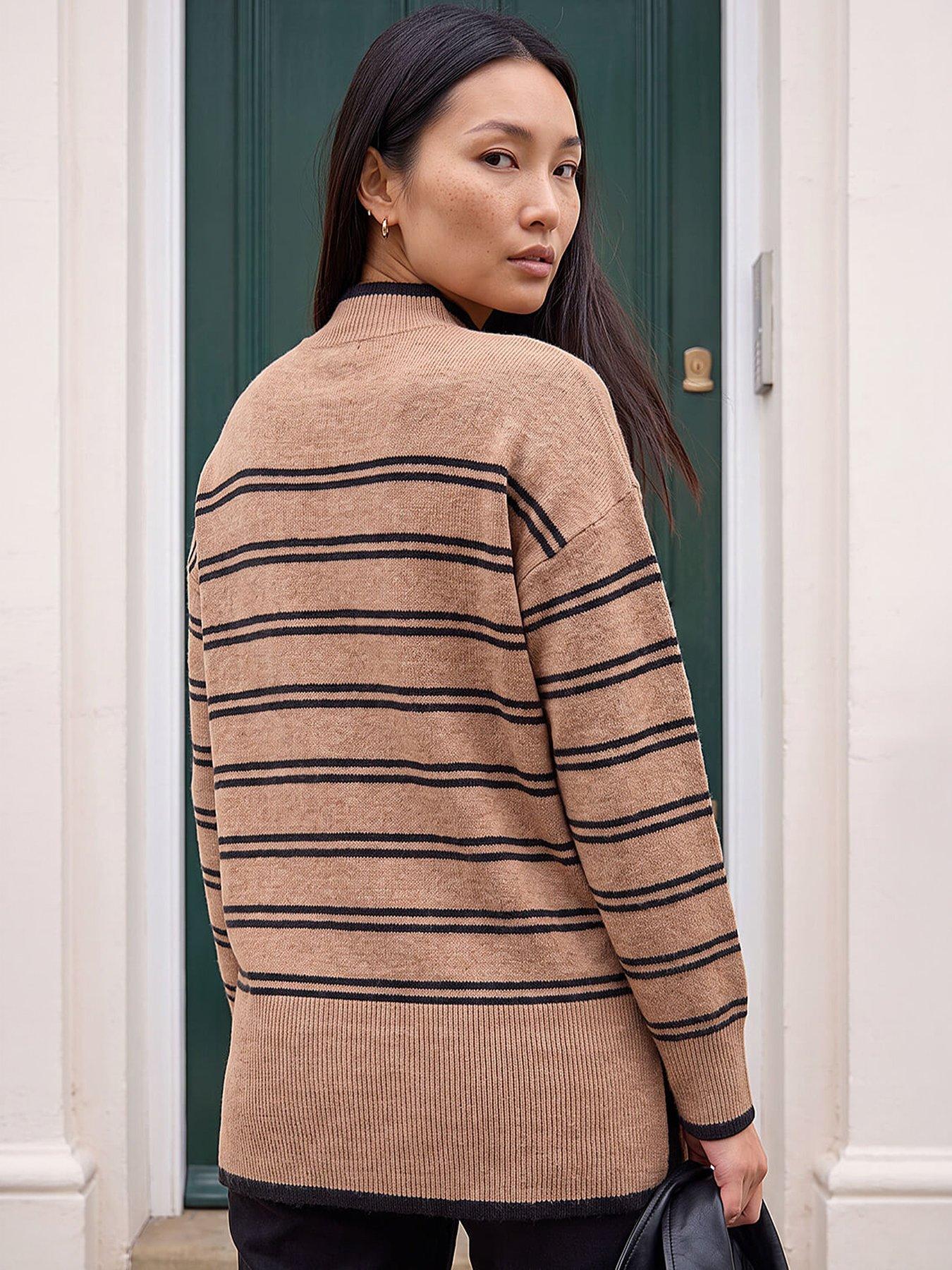 Image 3 of 4 of Roman Womens Stripe High Neck Seam Detail Jumper - Brown