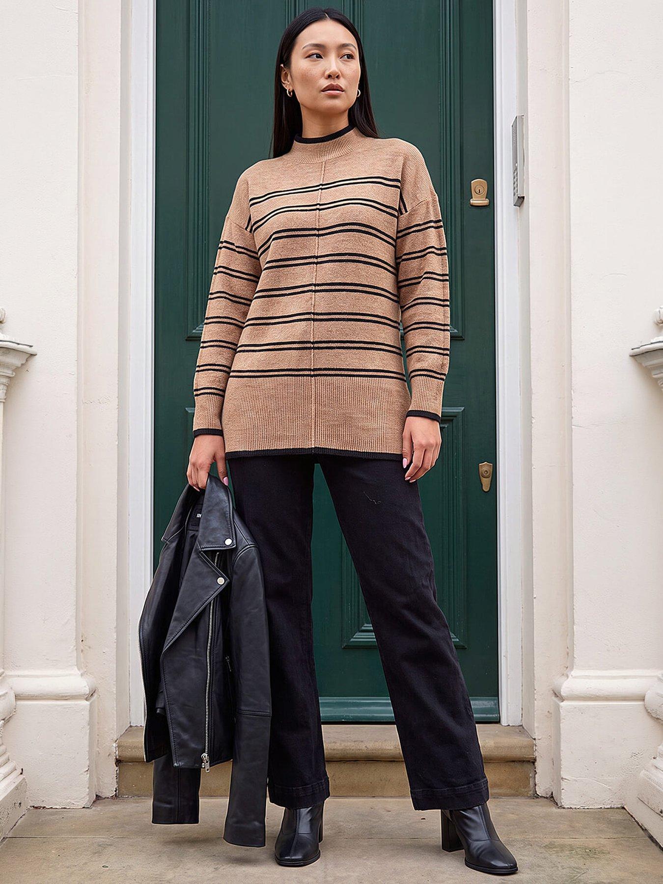 Image 4 of 4 of Roman Womens Stripe High Neck Seam Detail Jumper - Brown