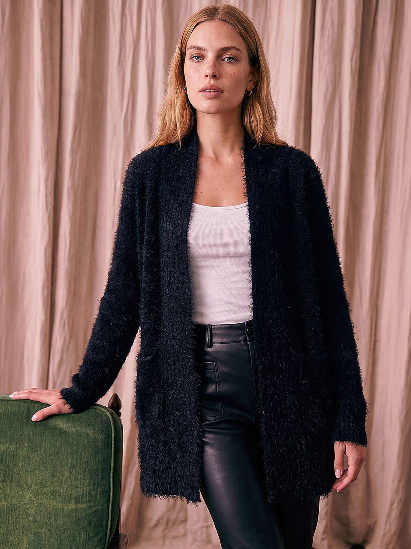 Image 1 of 4 of Roman Womens Fluffy Eyelash Textured Long Sleeve Cardigan - Black