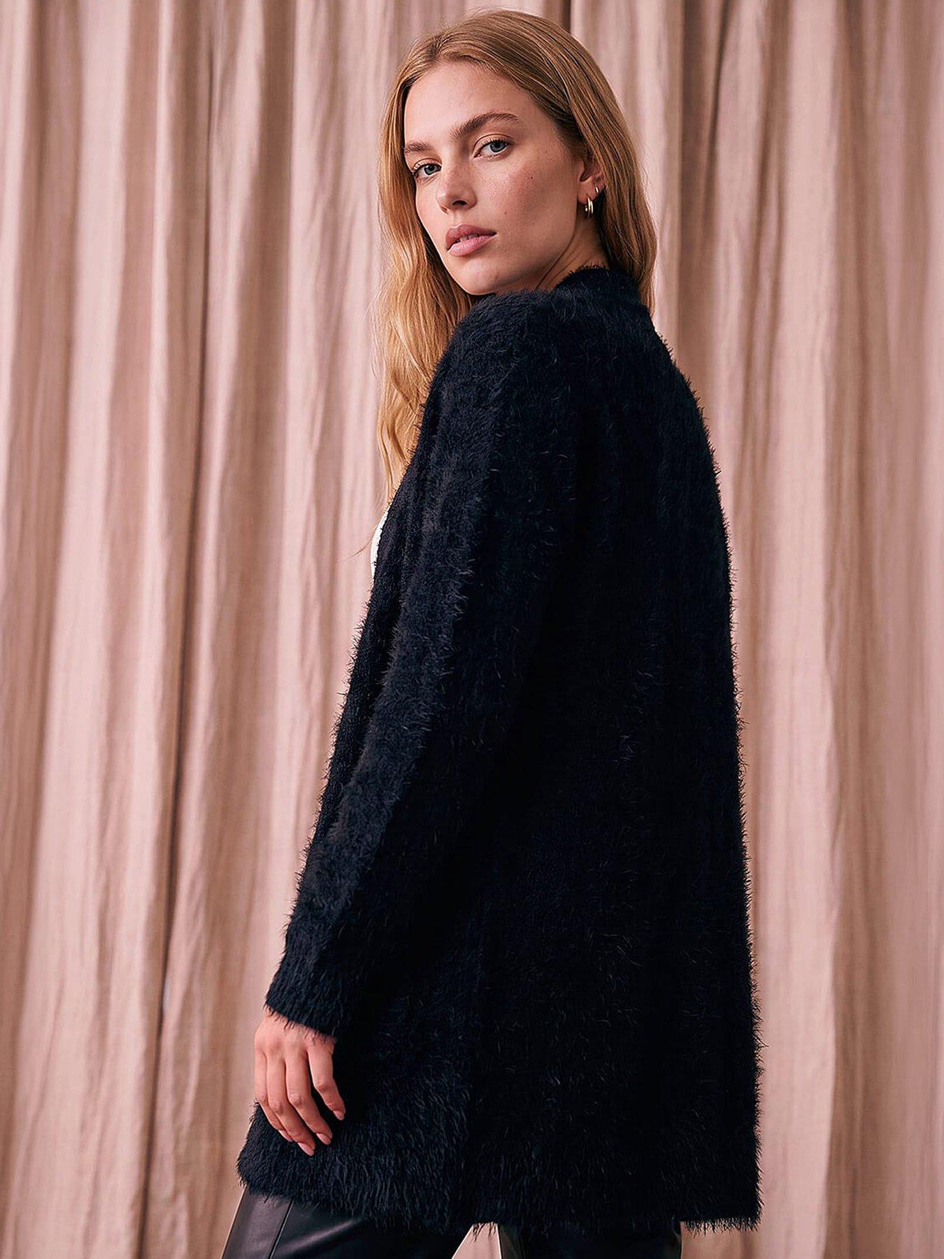 Image 3 of 4 of Roman Womens Fluffy Eyelash Textured Long Sleeve Cardigan - Black