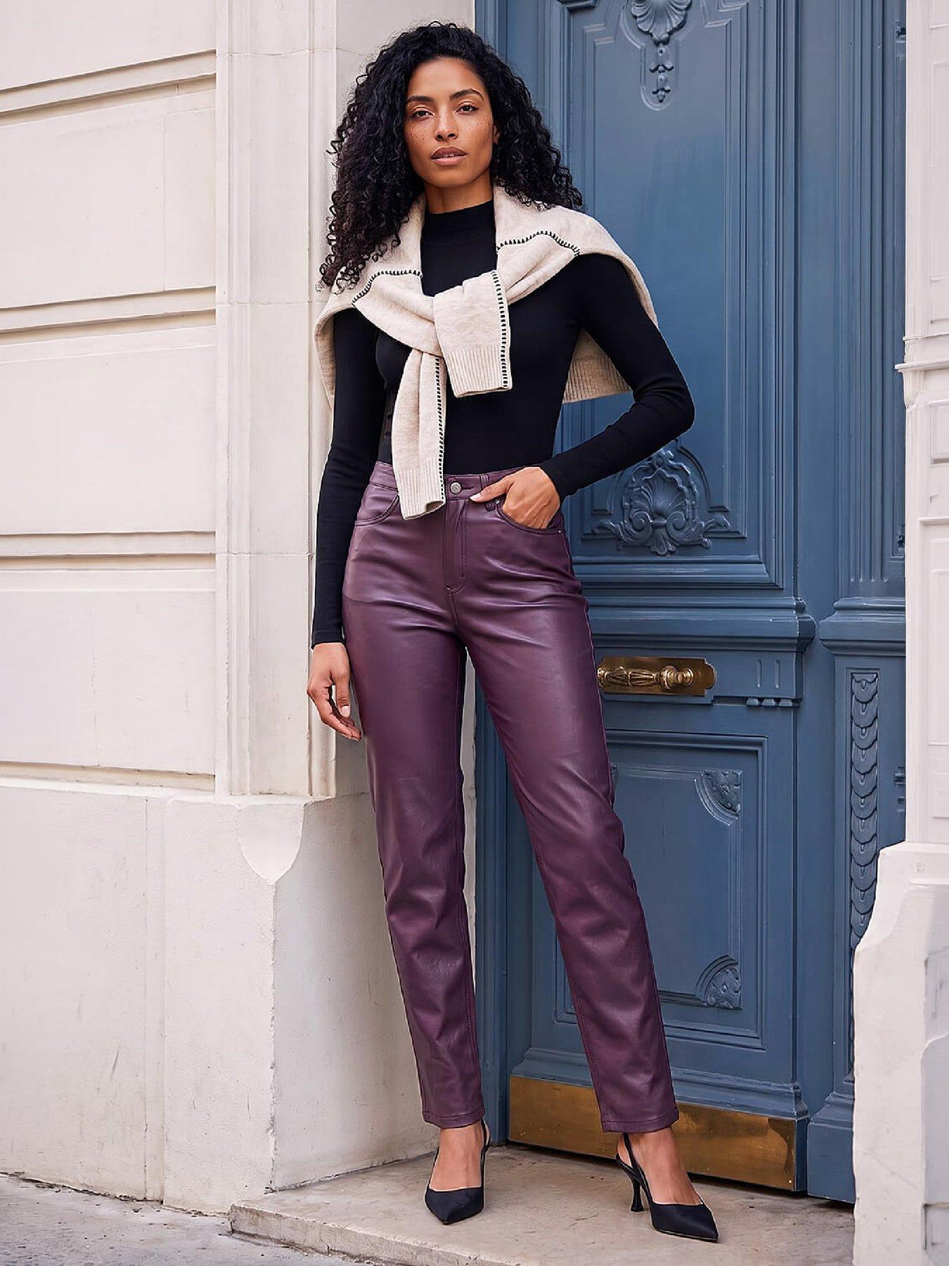 Image 4 of 4 of Roman Roman Womens PU Coated Straight Leg Trousers - Red