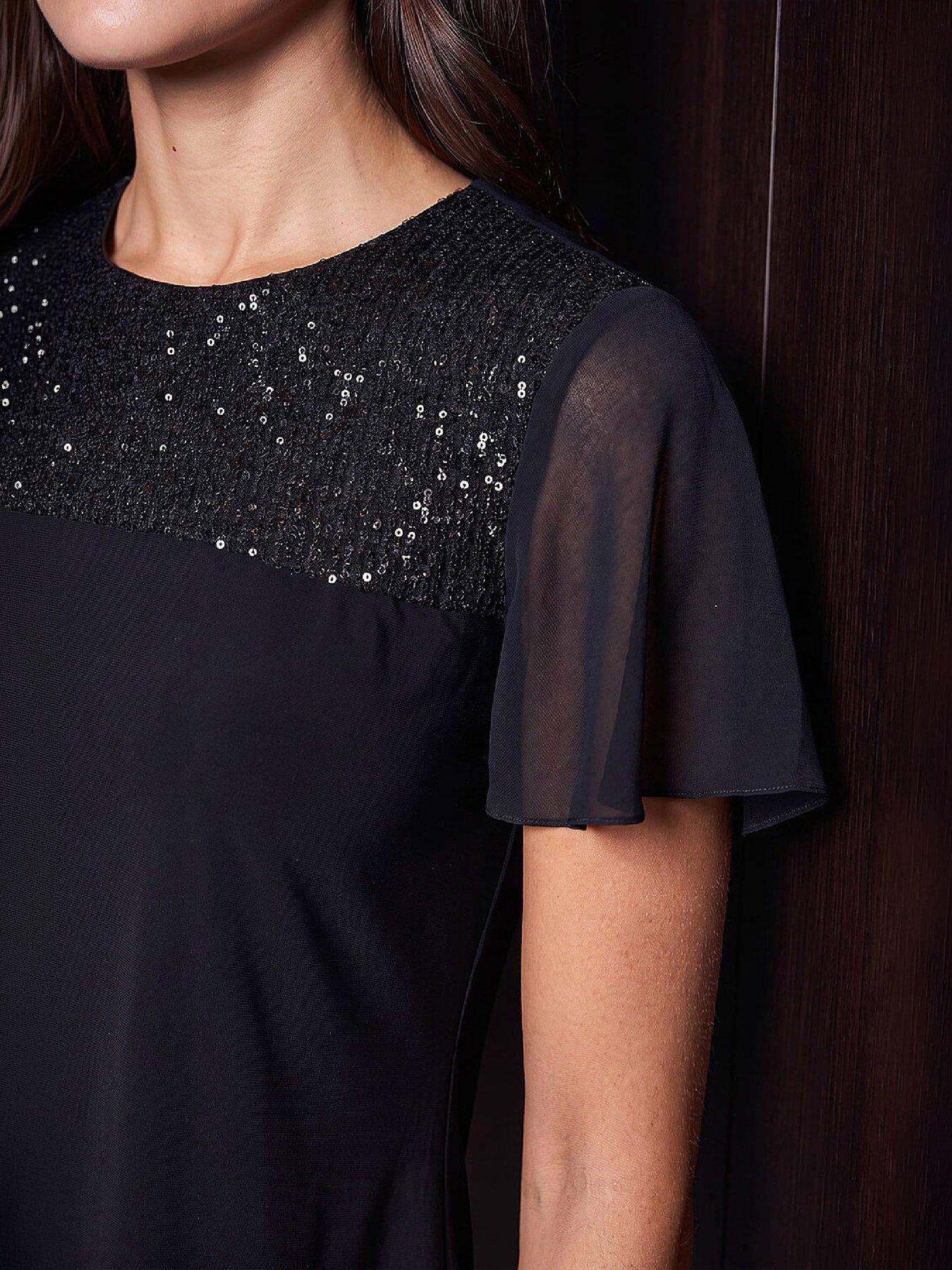 Image 2 of 4 of Roman Womens Petite Sequin Panel Flutter Sleeve Top - Black