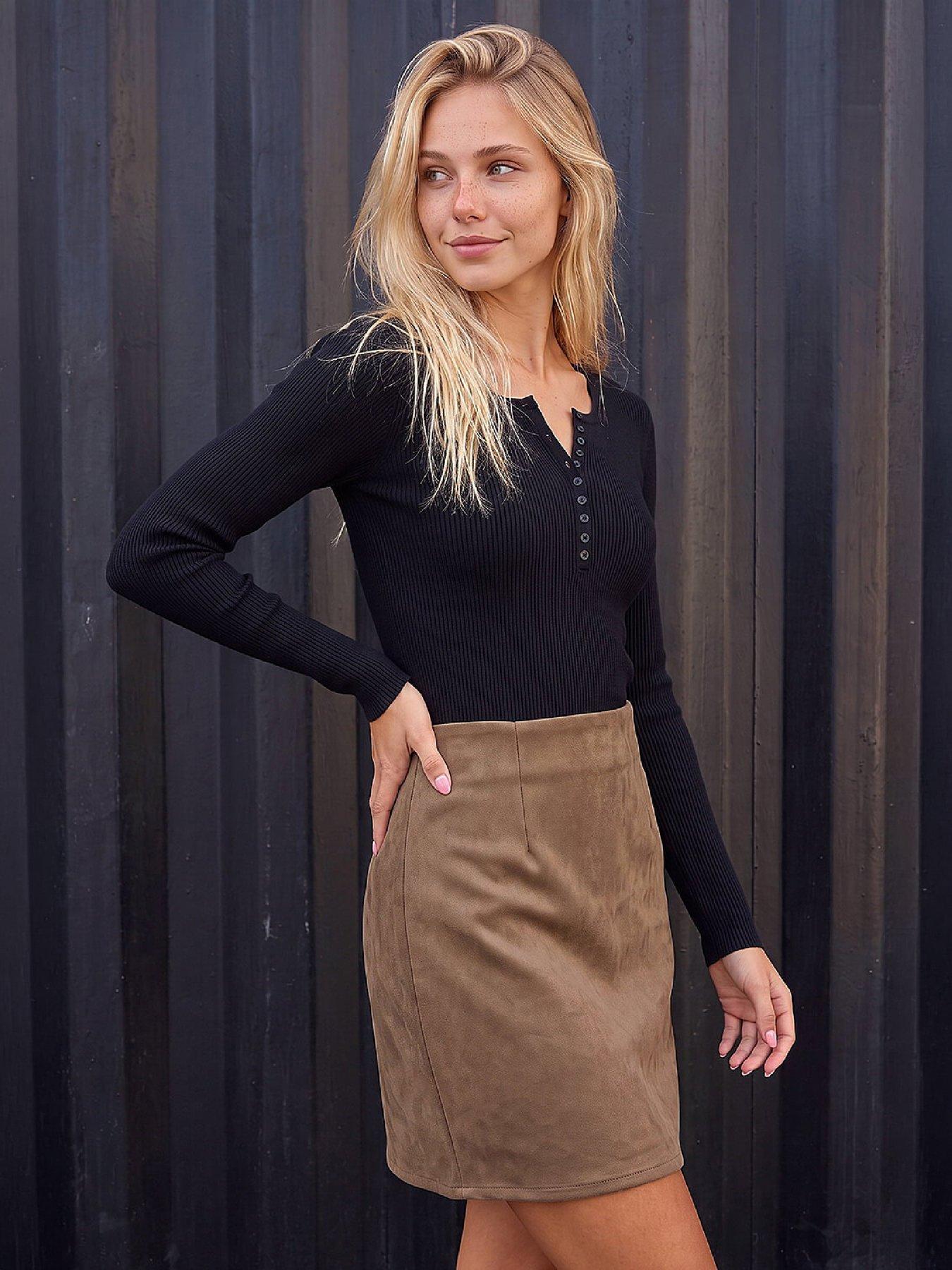 Image 2 of 4 of Roman Womens Suedette Stretch Mini Skirt - Beige