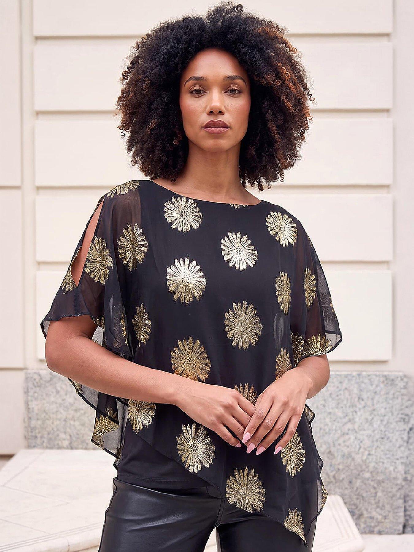 Image 1 of 4 of Roman Womens Cold Shoulder Shimmer Floral Overlay Top - Black