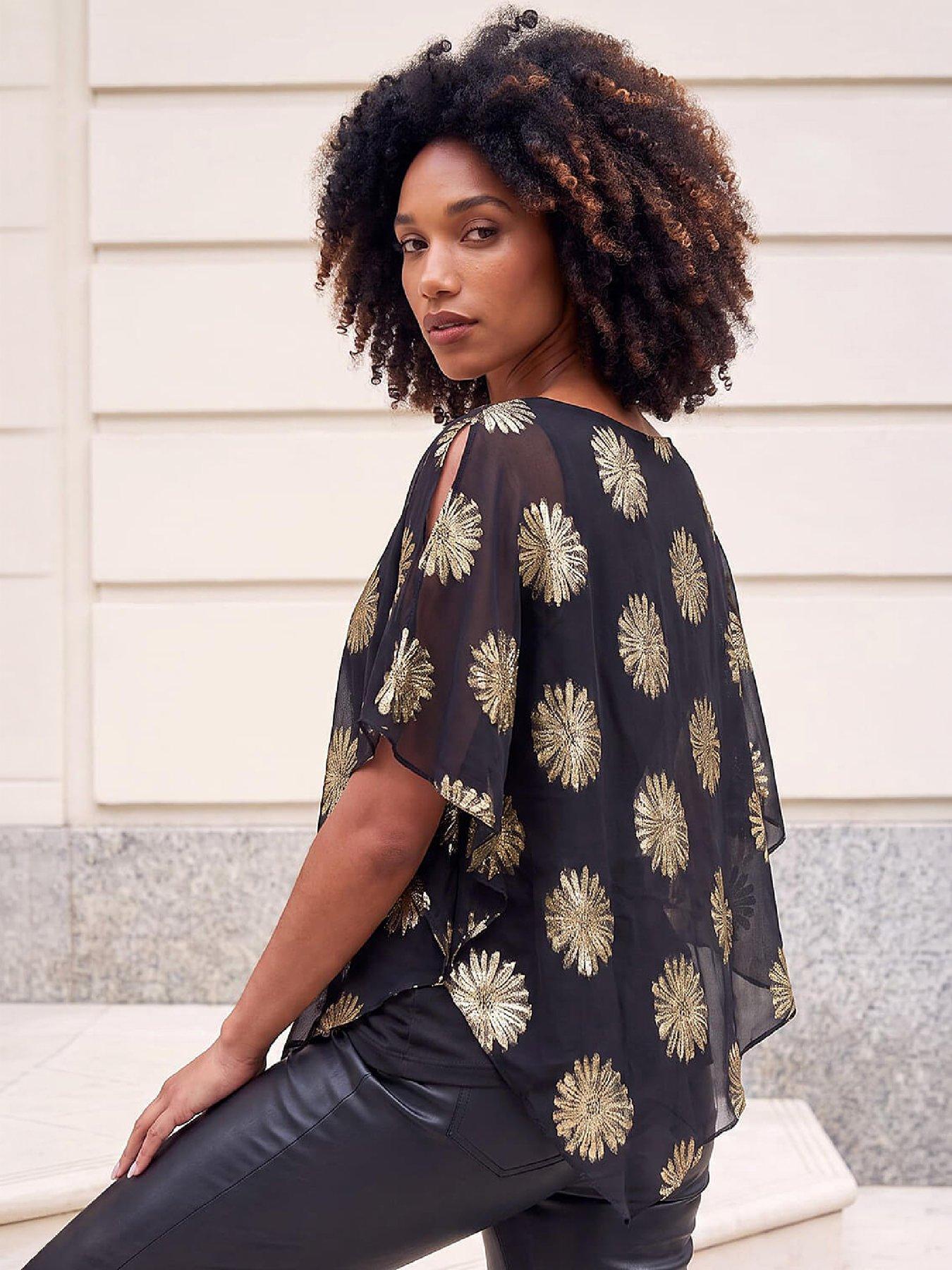 Image 2 of 4 of Roman Womens Cold Shoulder Shimmer Floral Overlay Top - Black