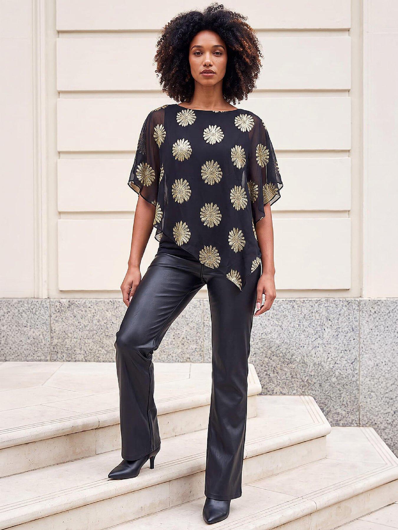 Image 3 of 4 of Roman Womens Cold Shoulder Shimmer Floral Overlay Top - Black
