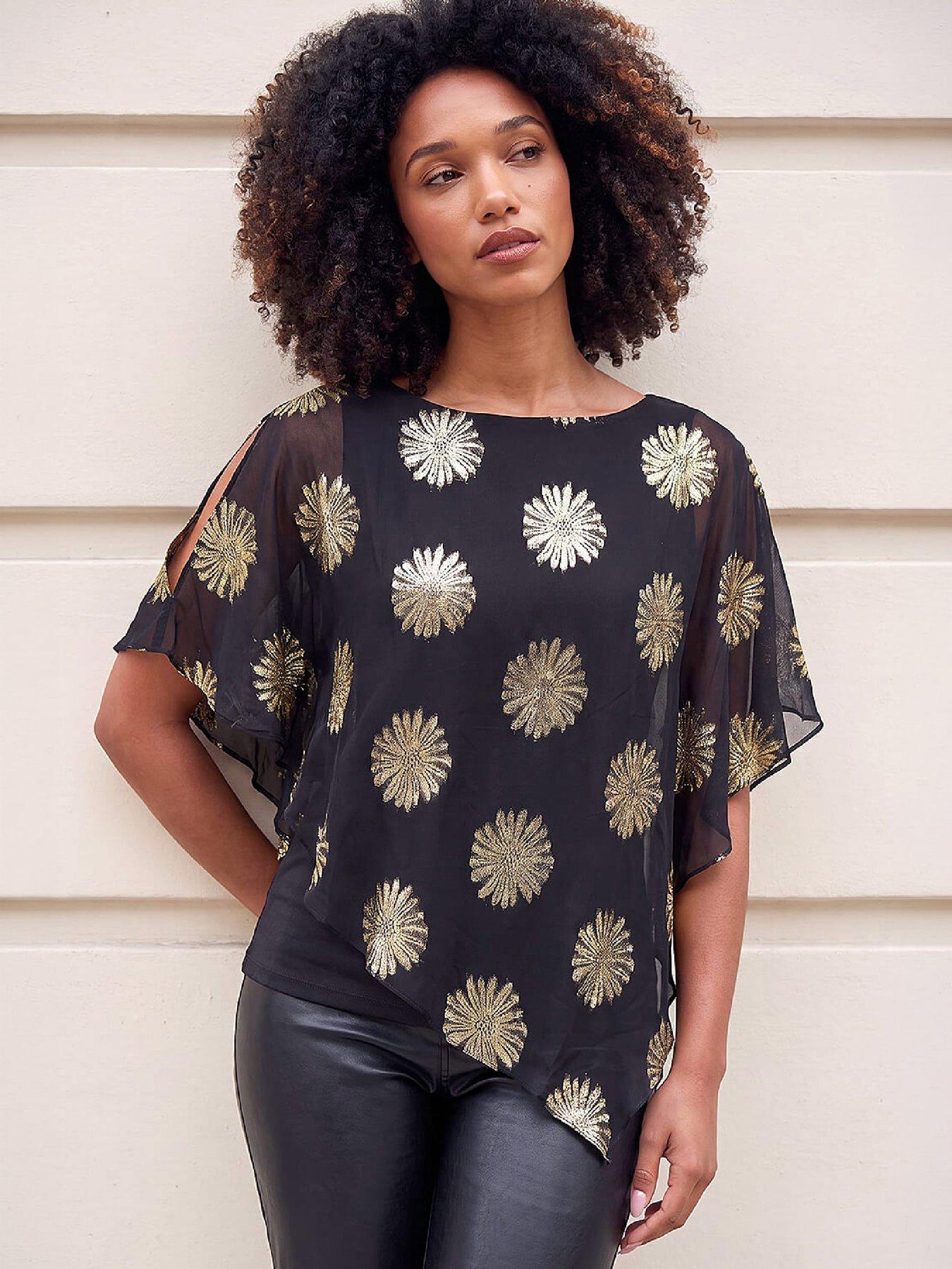 Image 4 of 4 of Roman Womens Cold Shoulder Shimmer Floral Overlay Top - Black