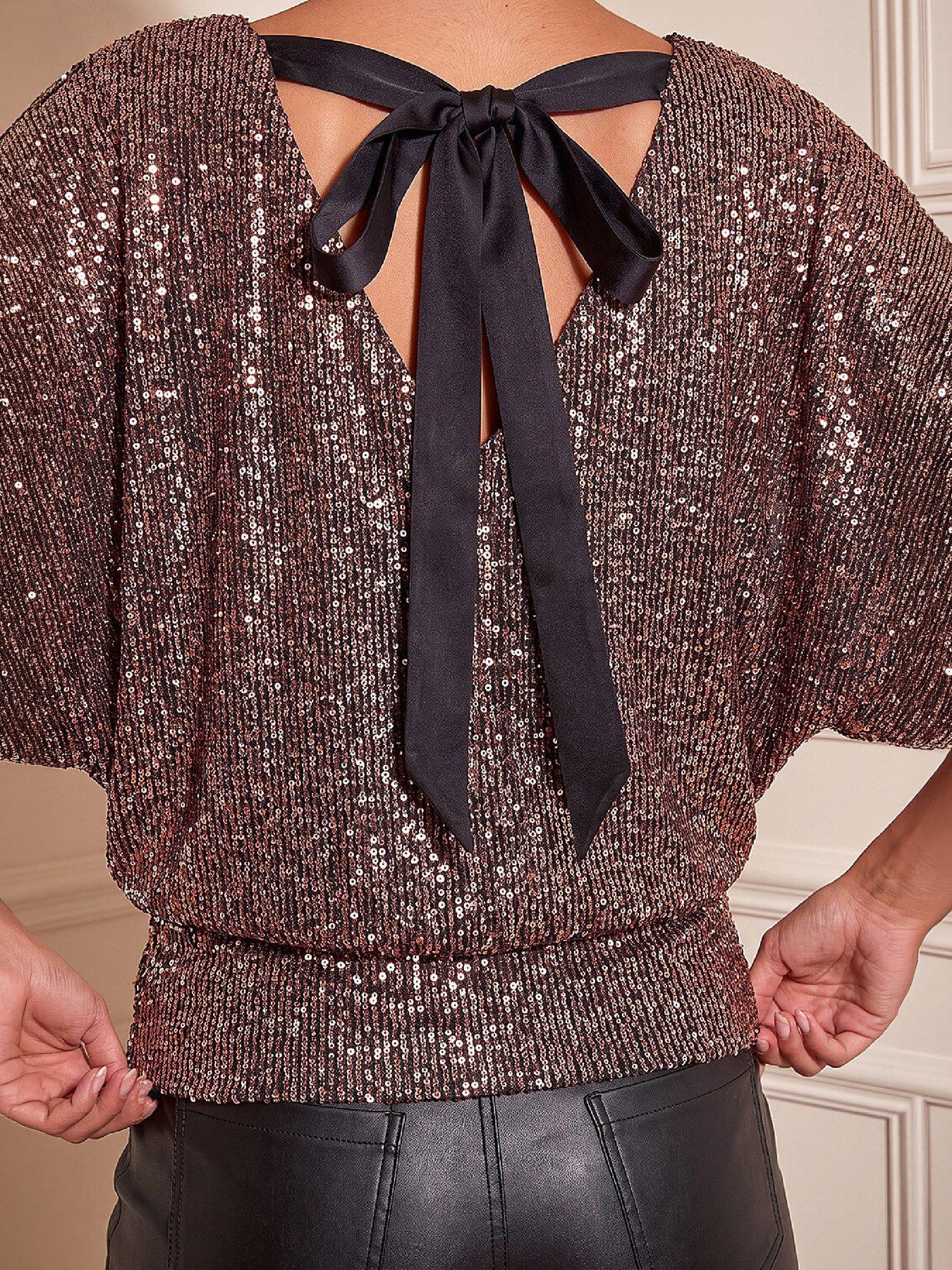 Image 2 of 4 of Roman Roman Womens Bow Back Cold Shoulder Sequin Blouse - Silver