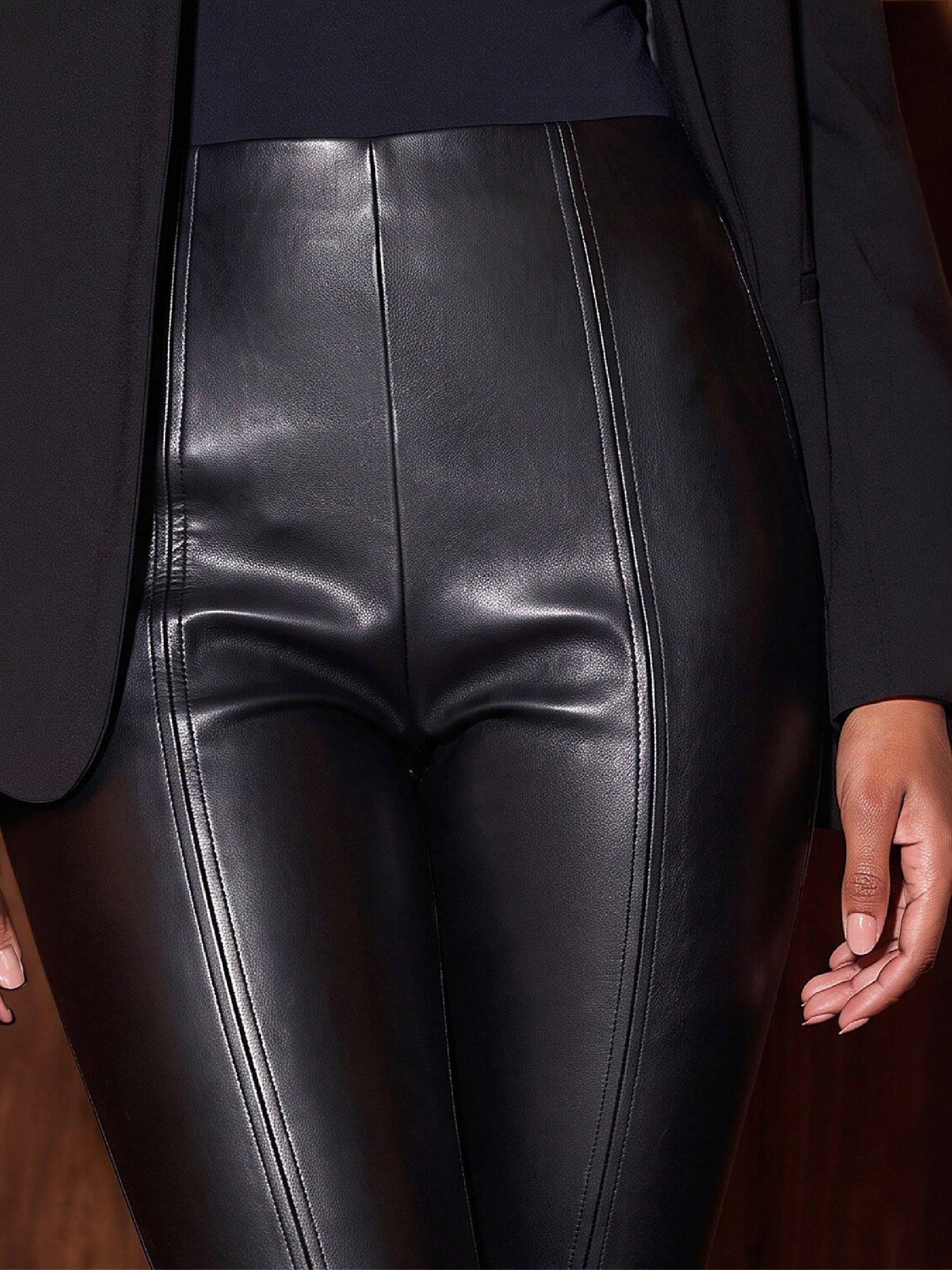 Image 2 of 4 of Roman Womens Seam Detail High Rise Faux Leather Trousers - Black