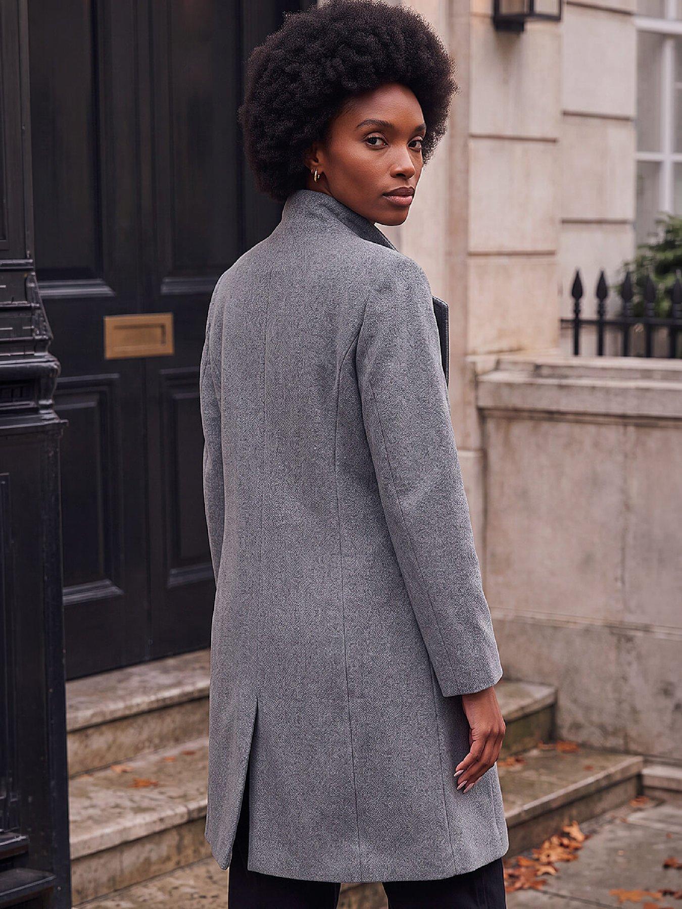 Image 2 of 4 of Roman Womens Funnel Neck Tailored Knee Length Coat - Grey