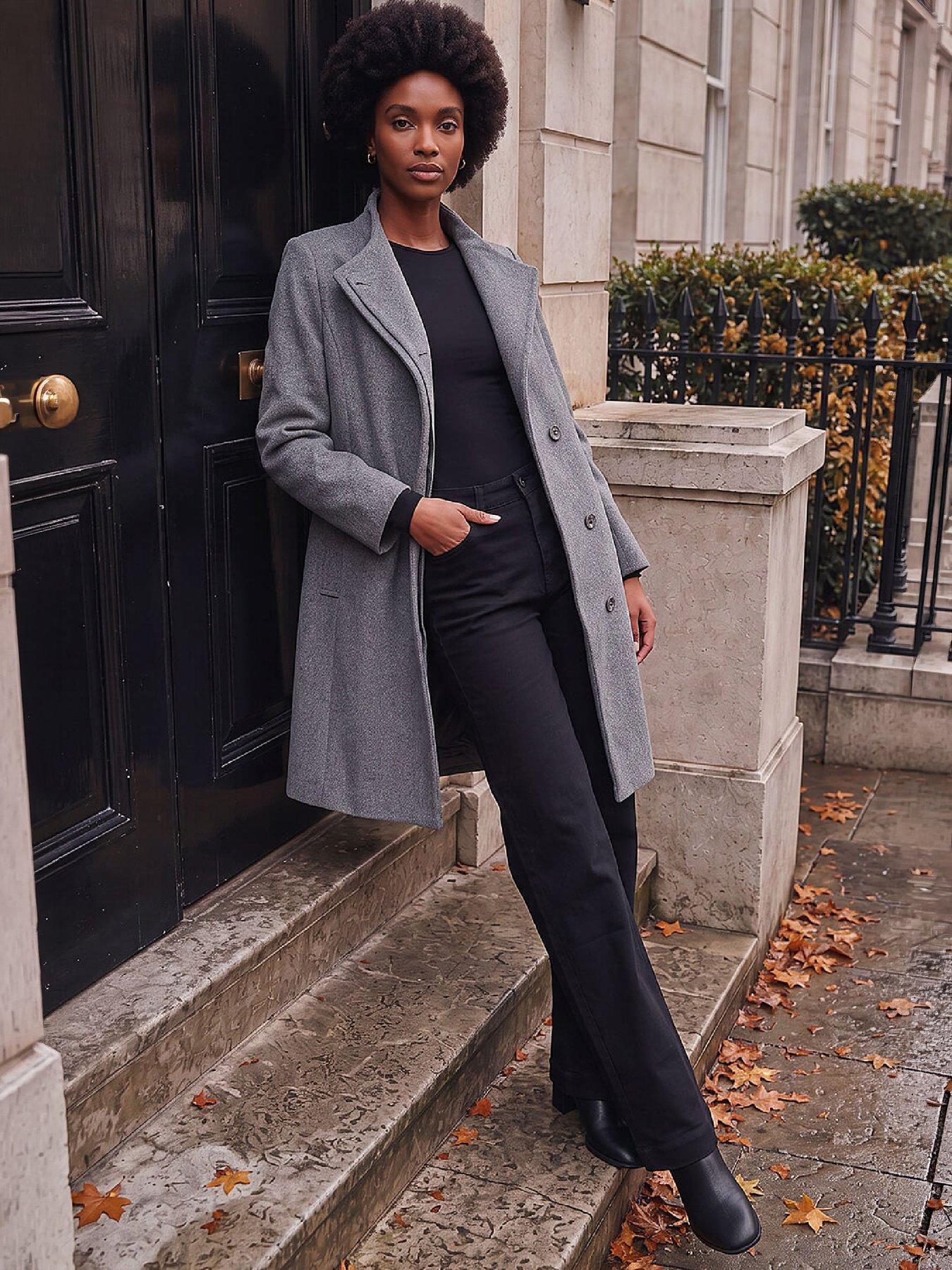 Image 3 of 4 of Roman Womens Funnel Neck Tailored Knee Length Coat - Grey