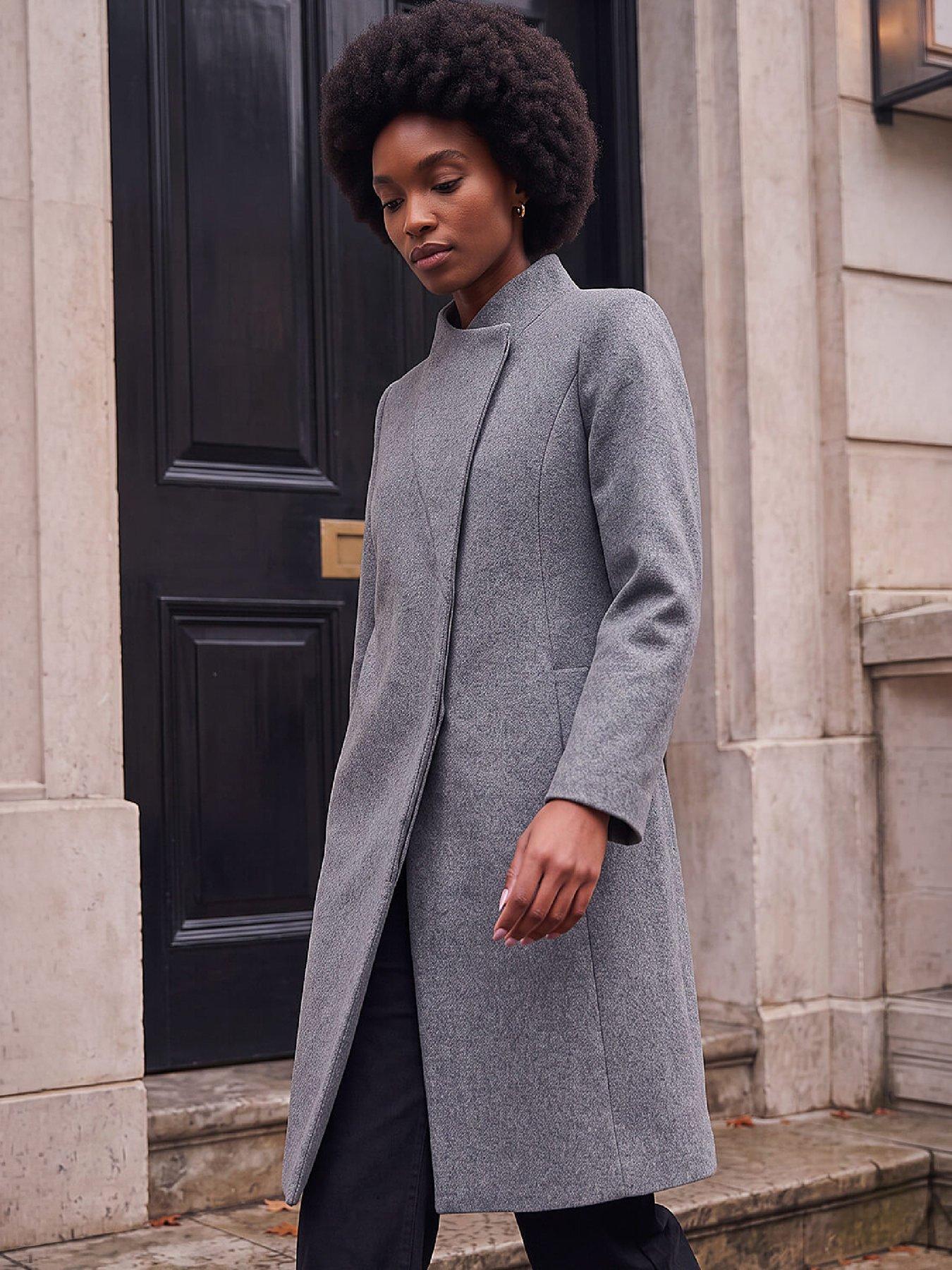 Image 4 of 4 of Roman Womens Funnel Neck Tailored Knee Length Coat - Grey