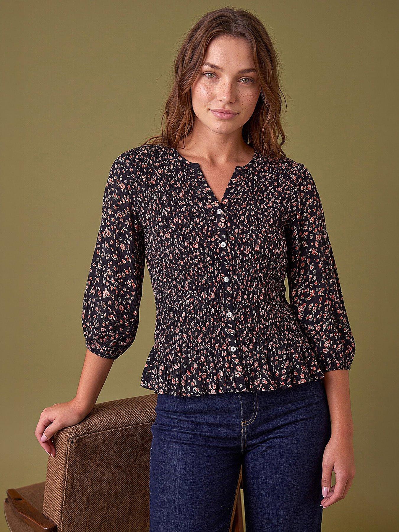 Image 1 of 4 of Roman Womens Petite Shirred Frill Printed Blouse - Black