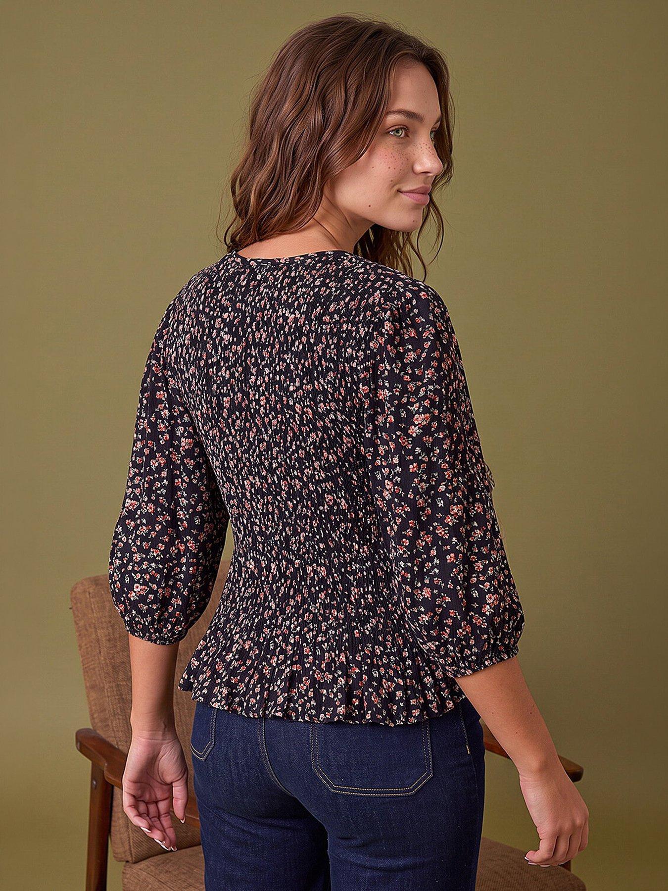 Image 2 of 4 of Roman Womens Petite Shirred Frill Printed Blouse - Black