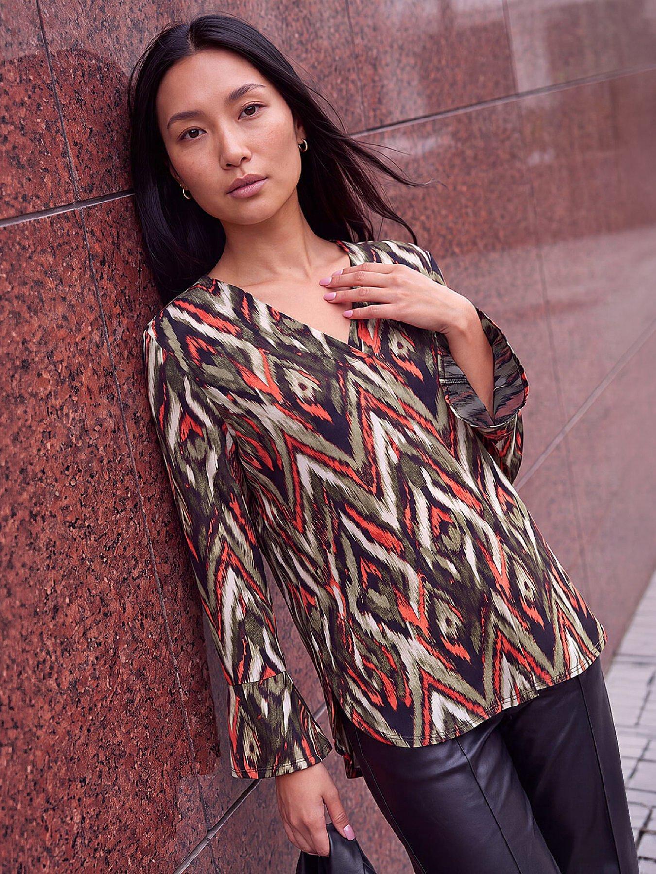 Image 1 of 3 of Roman Womens Abstract Print V-Neck Tunic Top - Green
