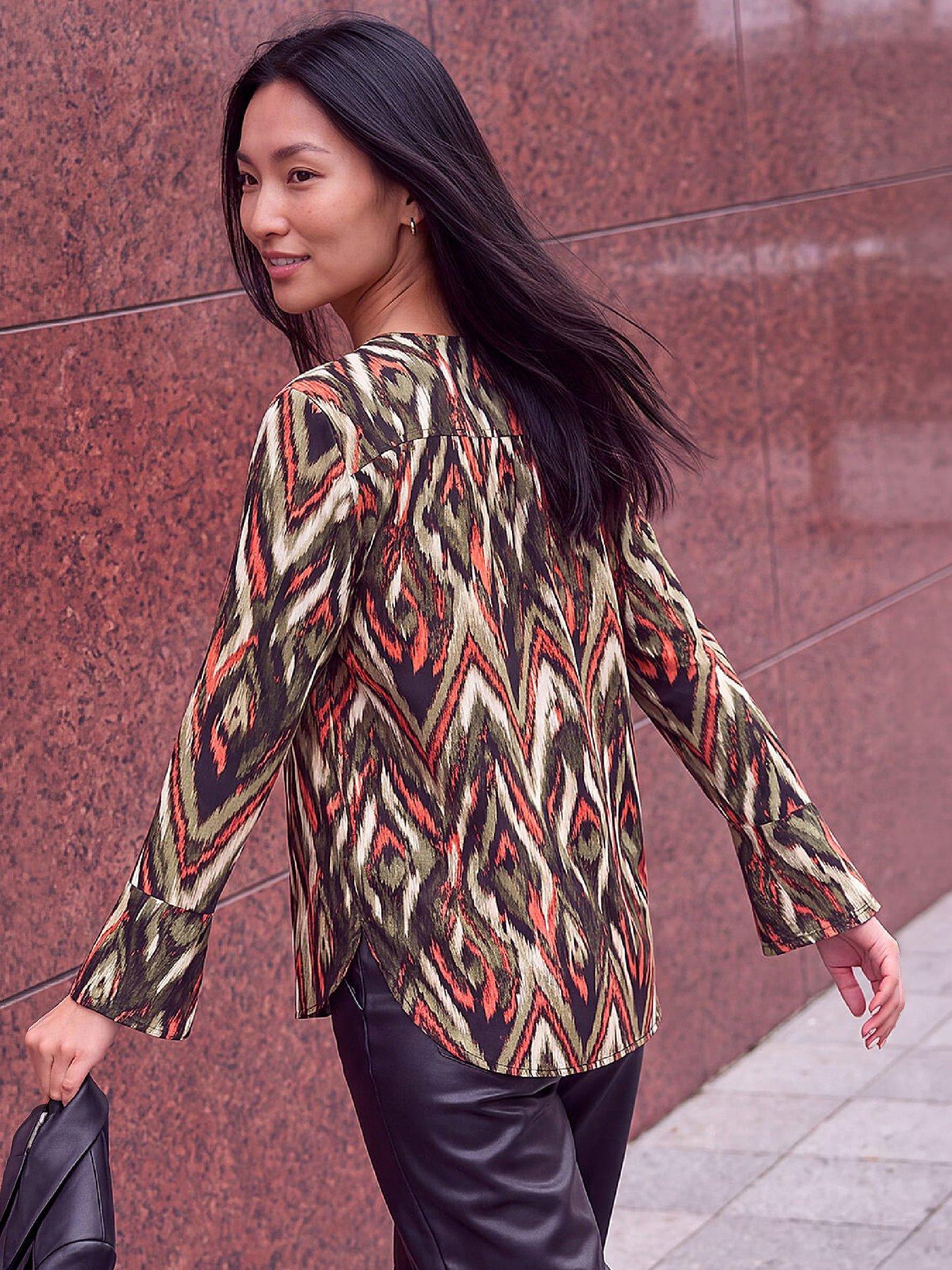 Image 2 of 3 of Roman Womens Abstract Print V-Neck Tunic Top - Green