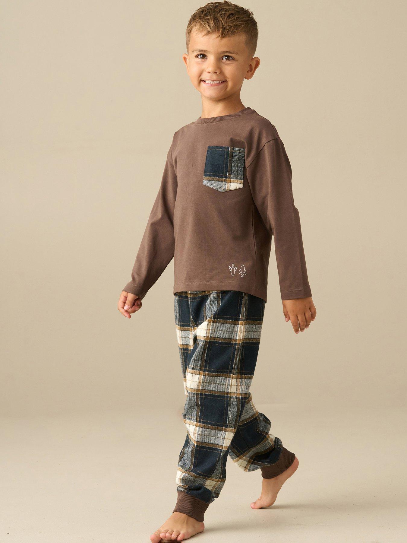 Image 1 of 4 of Angel & Rocket Boys James Check Woven Long Pyjamas - Brown