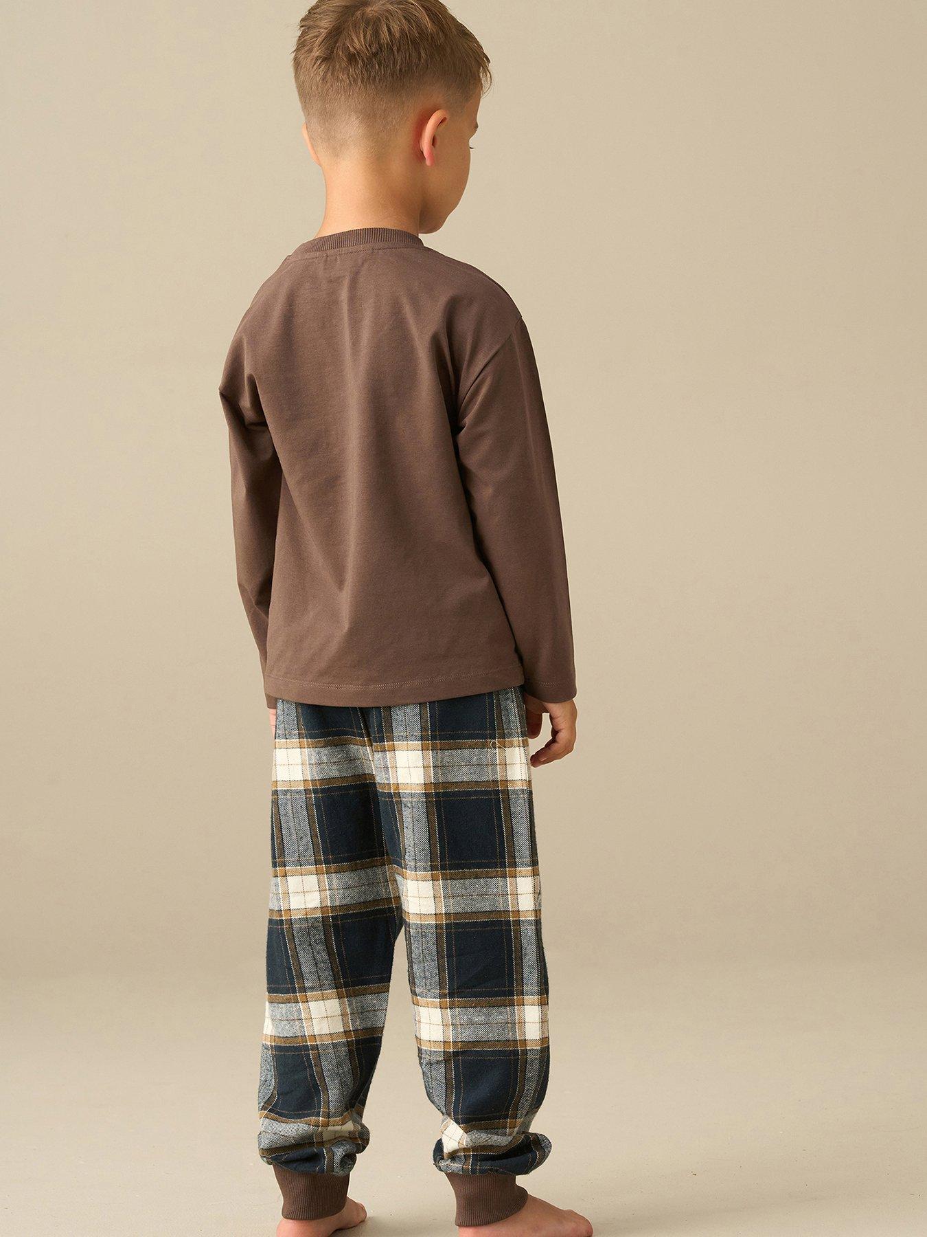 Image 3 of 4 of Angel & Rocket Boys James Check Woven Long Pyjamas - Brown
