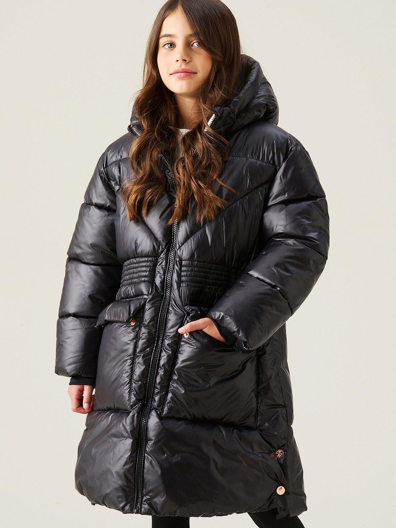 Image 3 of 7 of Angel & Rocket Girls Erin High Shine Hooded Longline Coat - Black