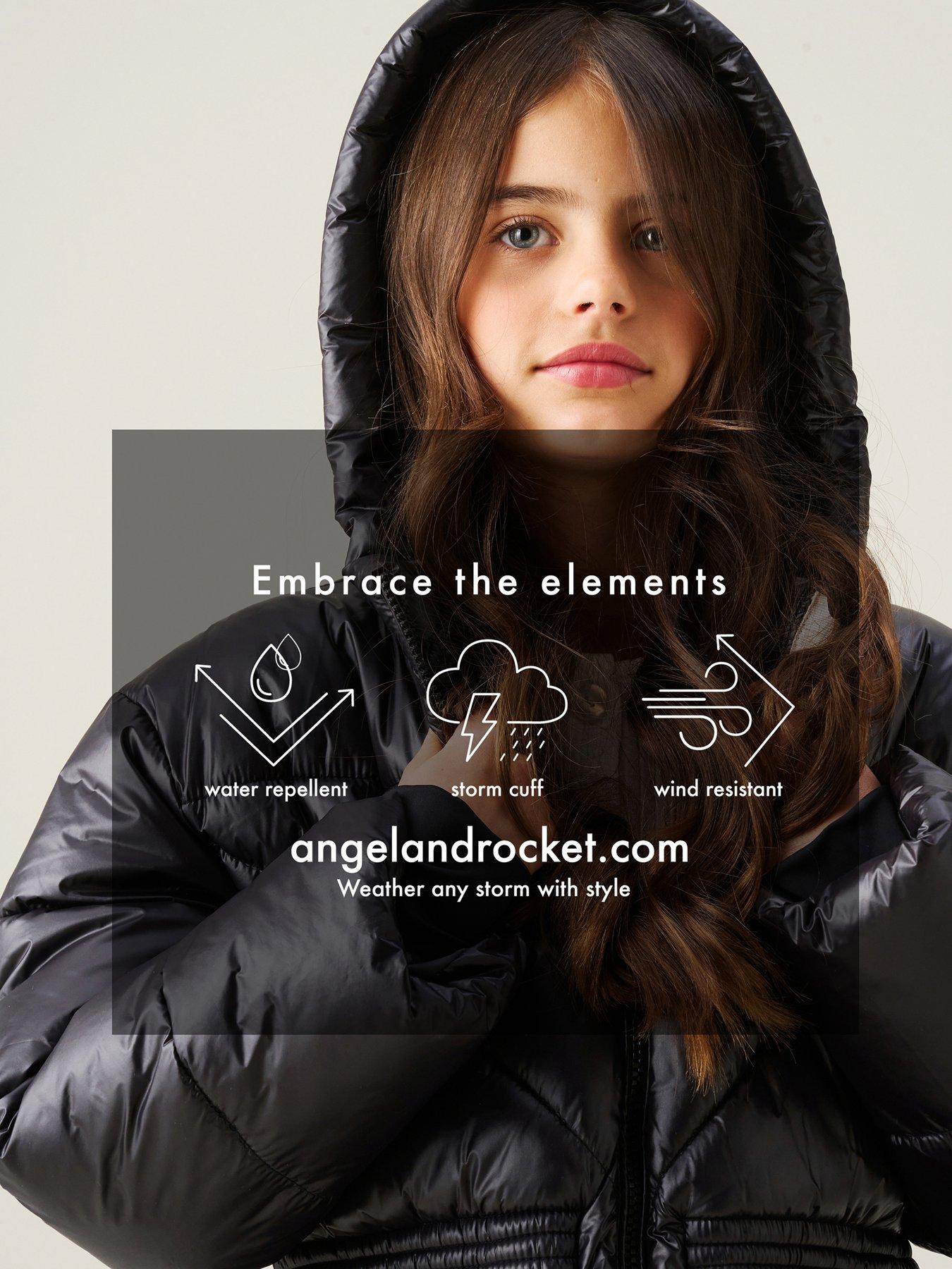 Image 4 of 7 of Angel & Rocket Girls Erin High Shine Hooded Longline Coat - Black