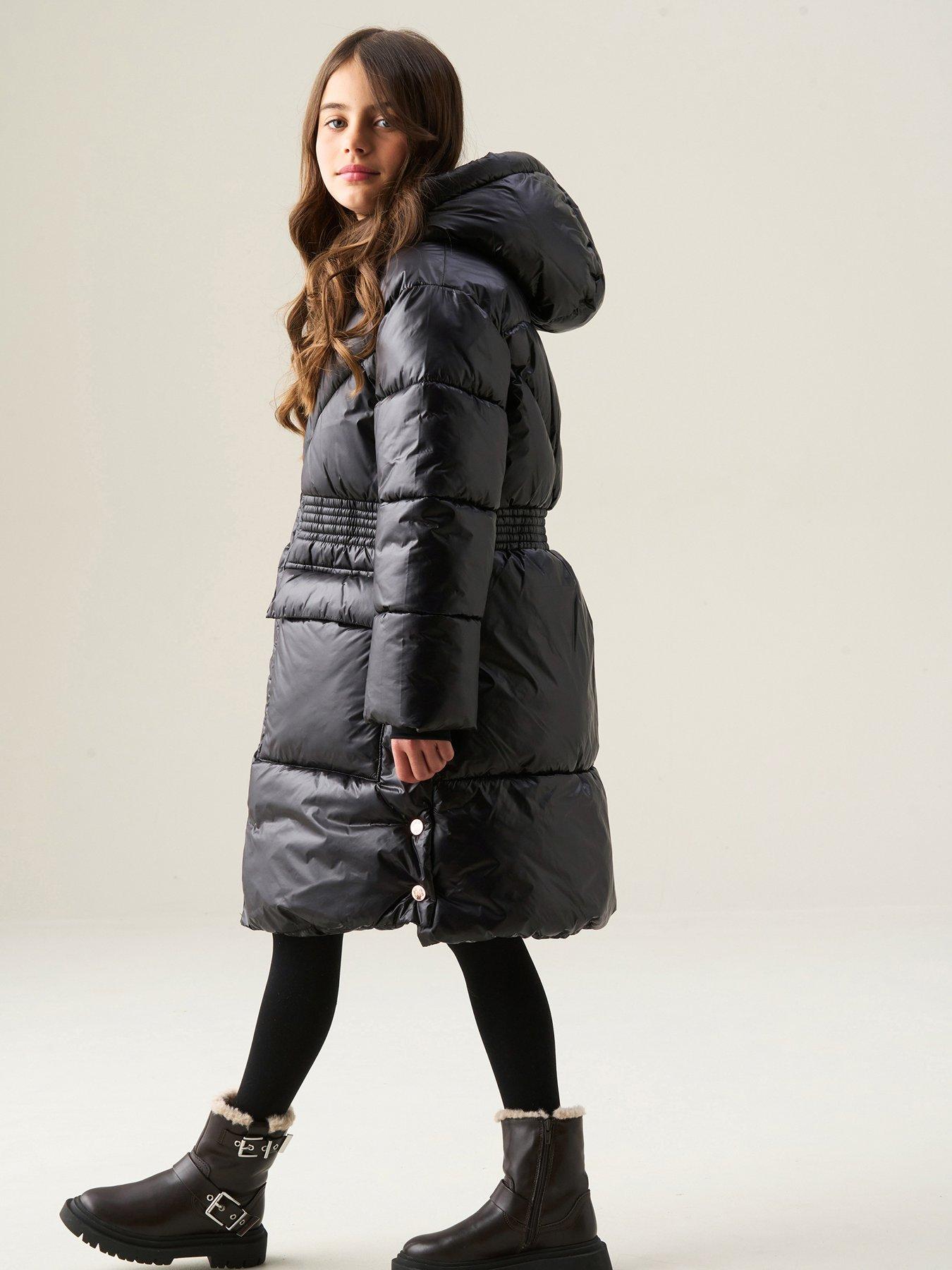 Image 5 of 7 of Angel & Rocket Girls Erin High Shine Hooded Longline Coat - Black