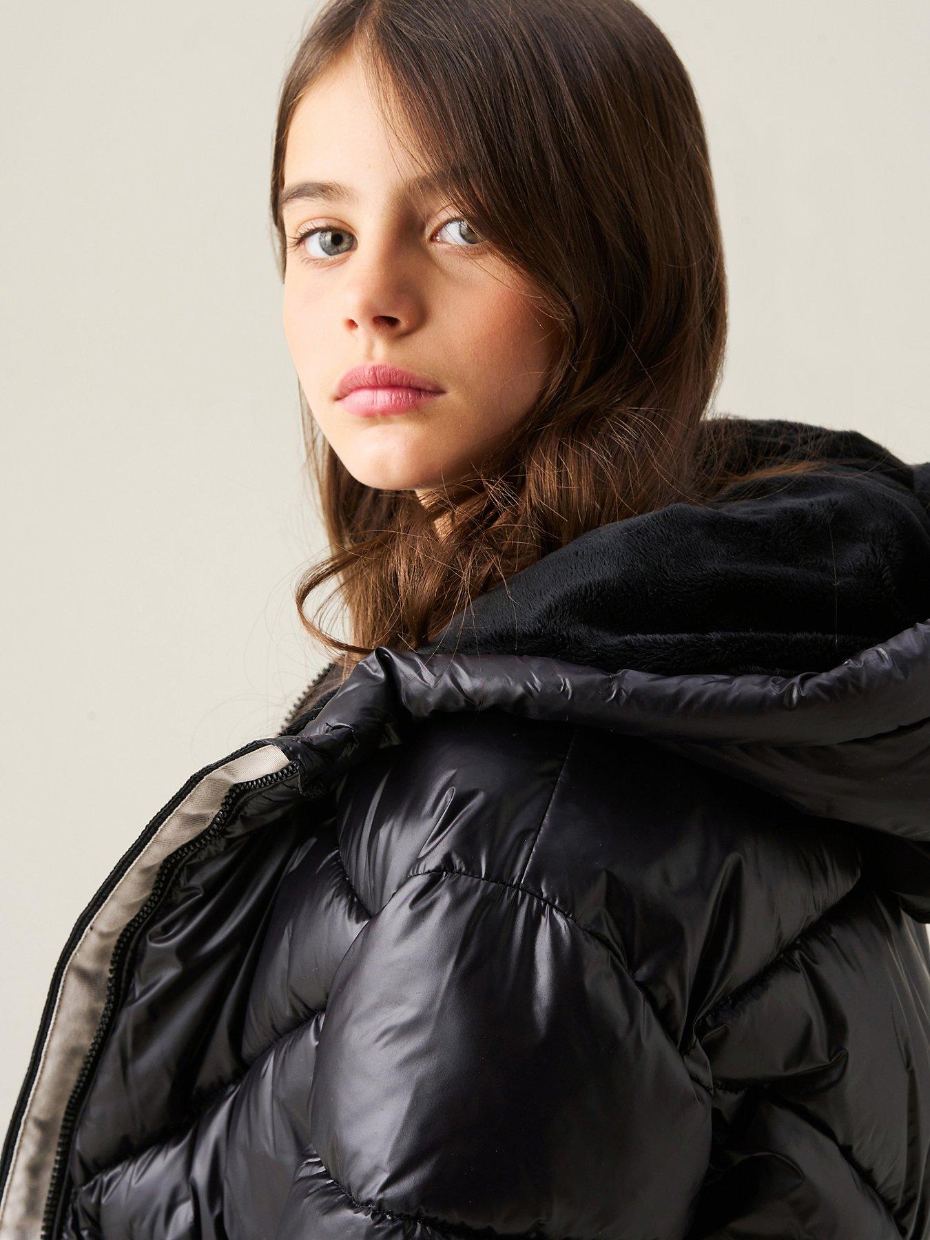 Image 6 of 7 of Angel & Rocket Girls Erin High Shine Hooded Longline Coat - Black