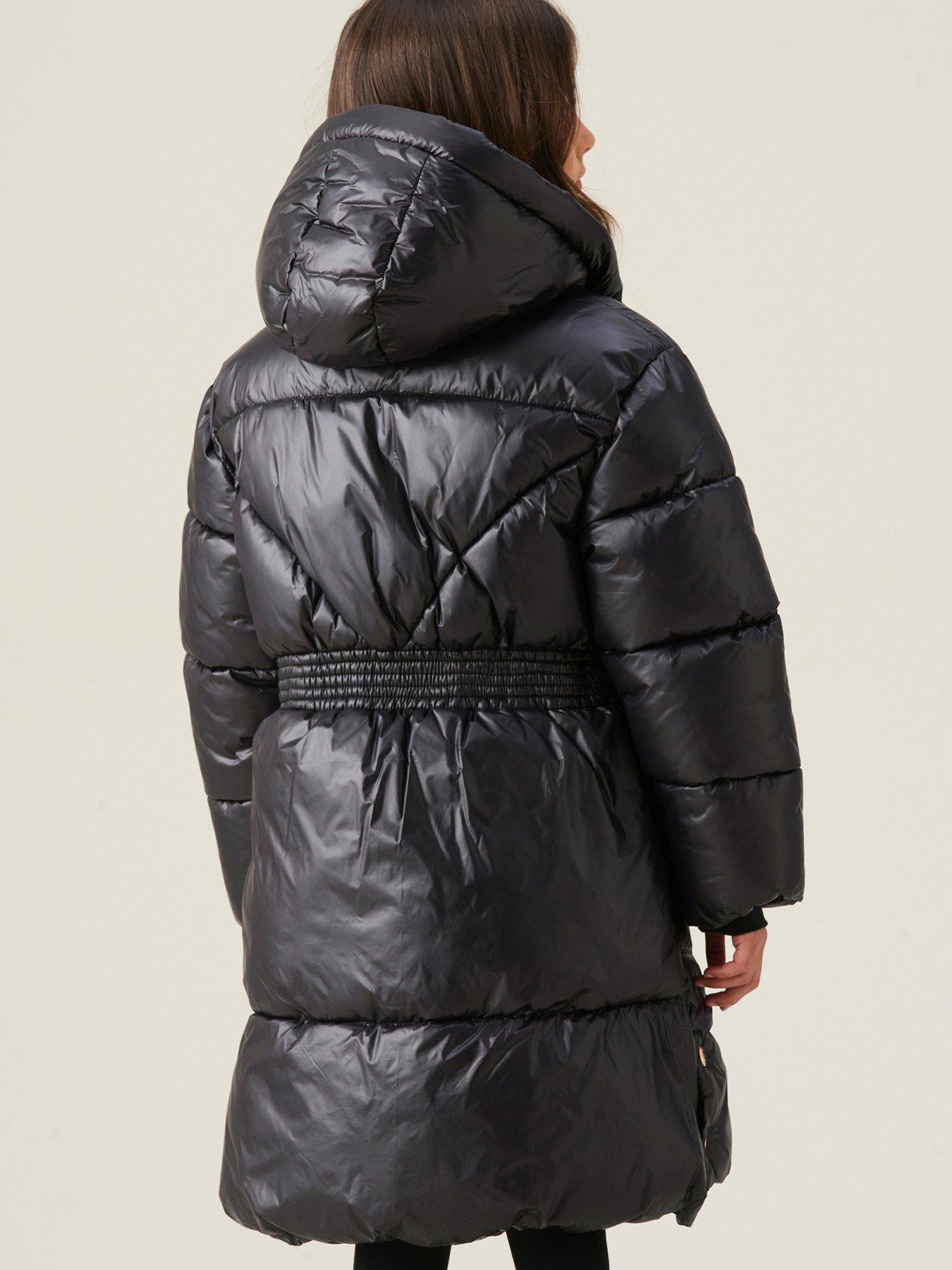 Image 7 of 7 of Angel & Rocket Girls Erin High Shine Hooded Longline Coat - Black