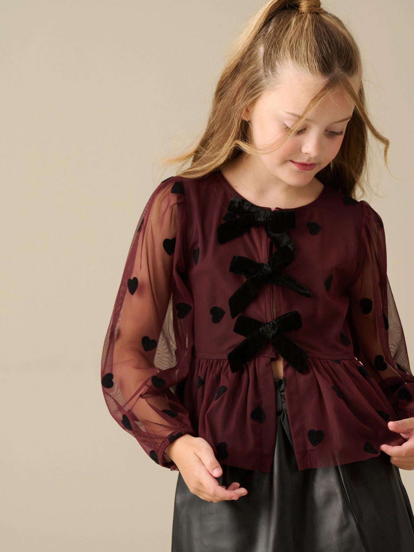 Image 1 of 5 of Angel & Rocket Girls Neve Flocked Heart Mesh Blouse - Burgundy