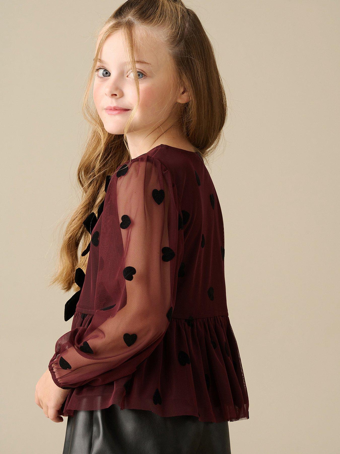 Image 2 of 5 of Angel & Rocket Girls Neve Flocked Heart Mesh Blouse - Burgundy