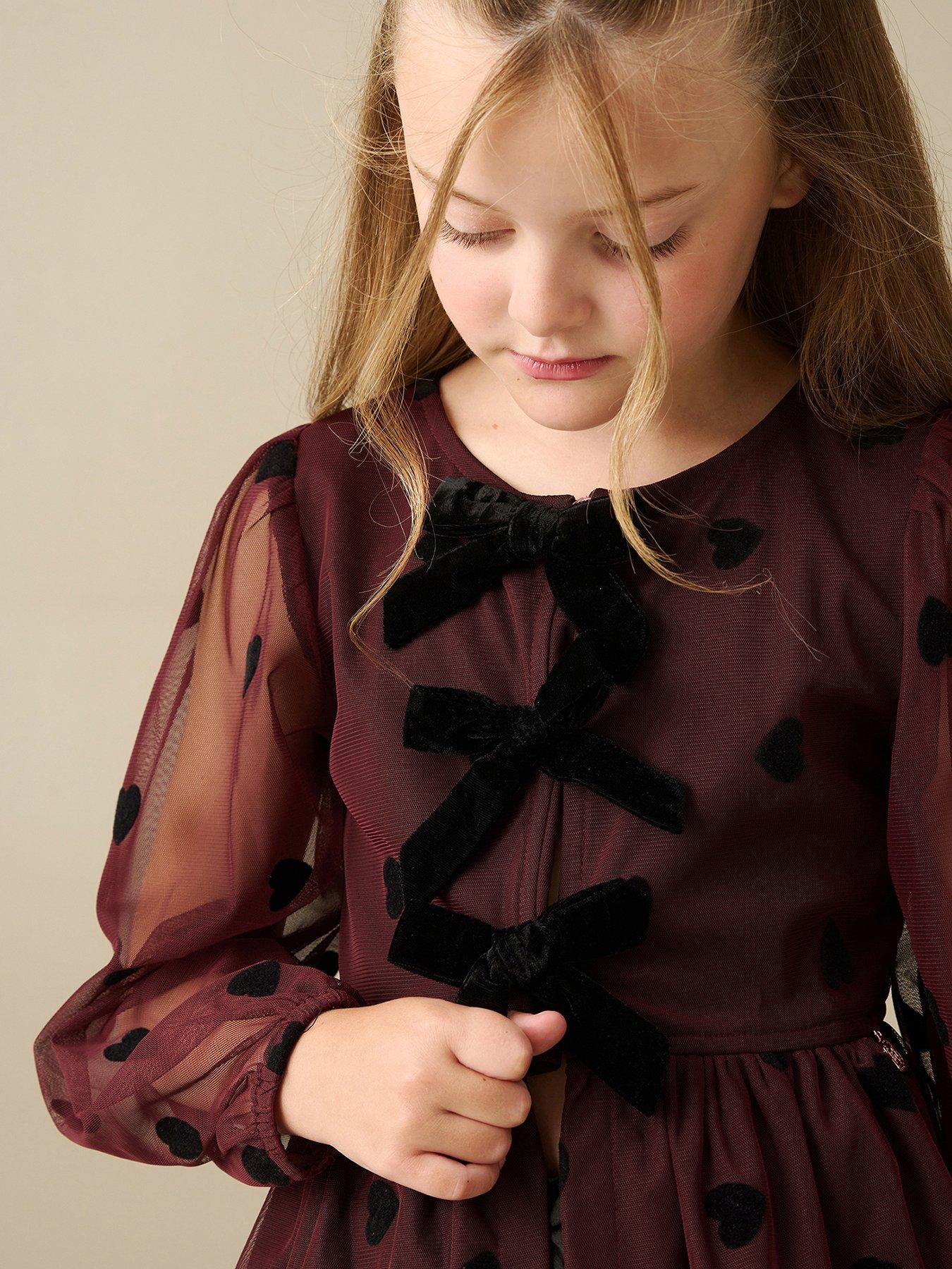 Image 3 of 5 of Angel & Rocket Girls Neve Flocked Heart Mesh Blouse - Burgundy