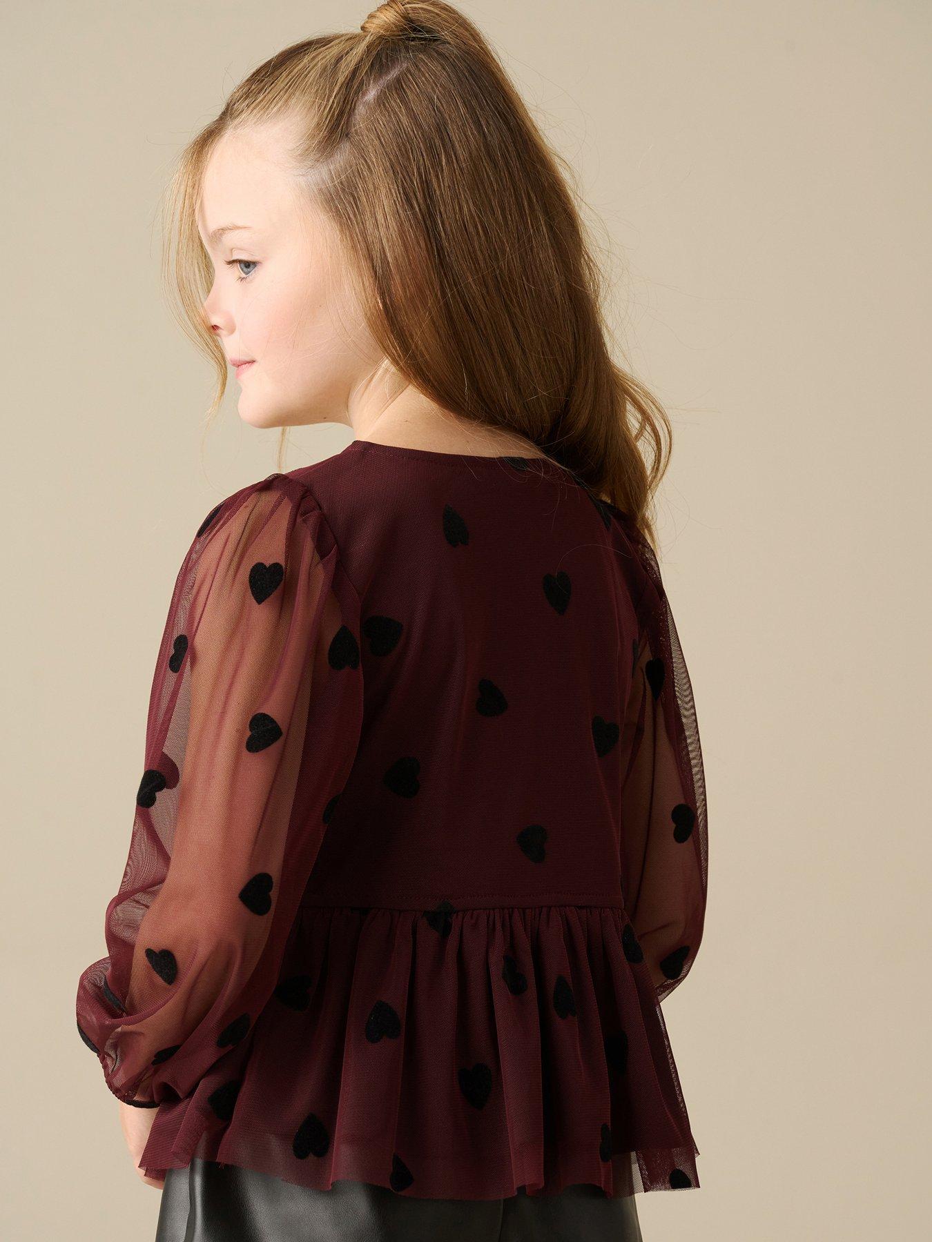 Image 4 of 5 of Angel & Rocket Girls Neve Flocked Heart Mesh Blouse - Burgundy