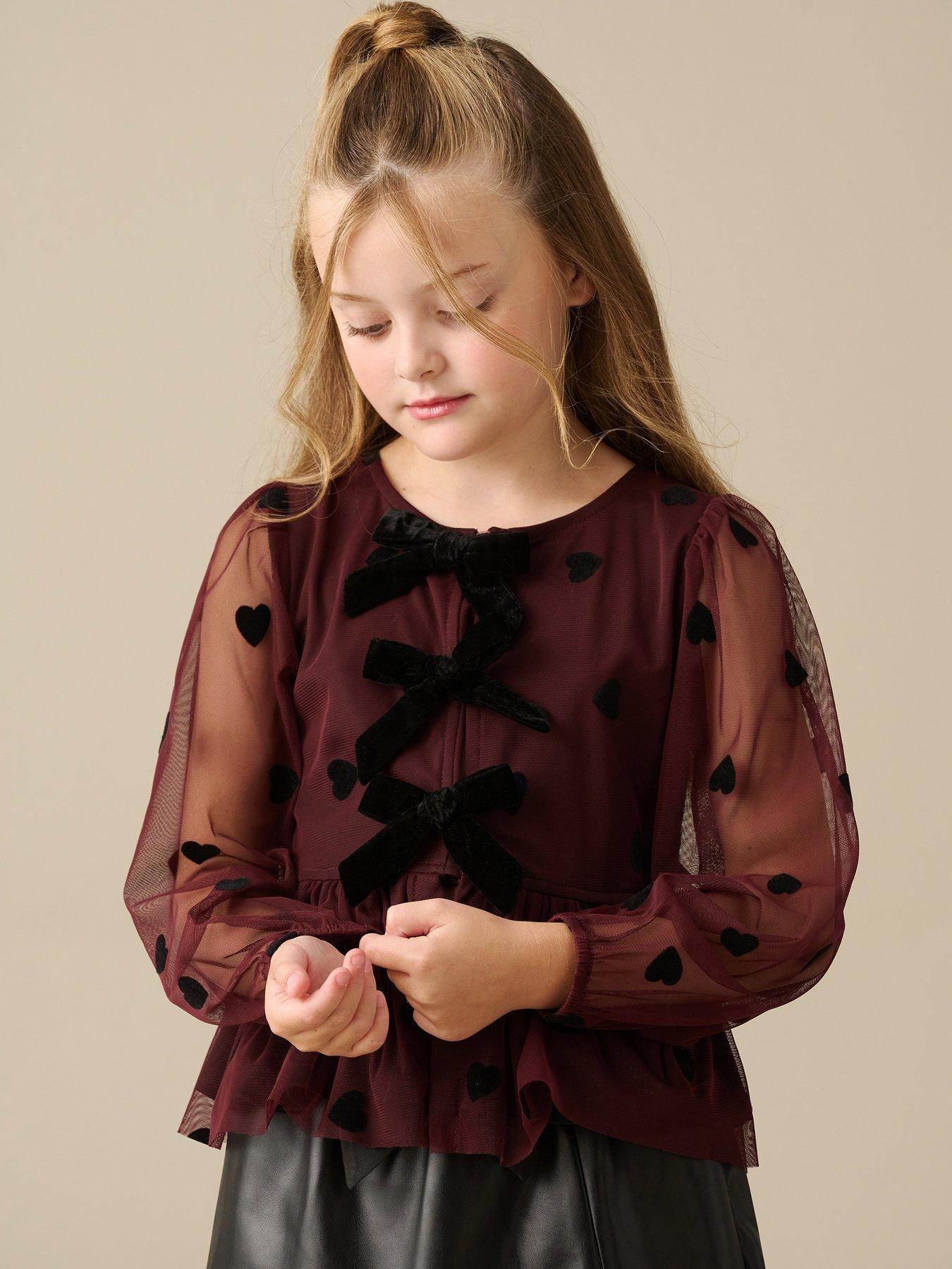 Image 5 of 5 of Angel & Rocket Girls Neve Flocked Heart Mesh Blouse - Burgundy