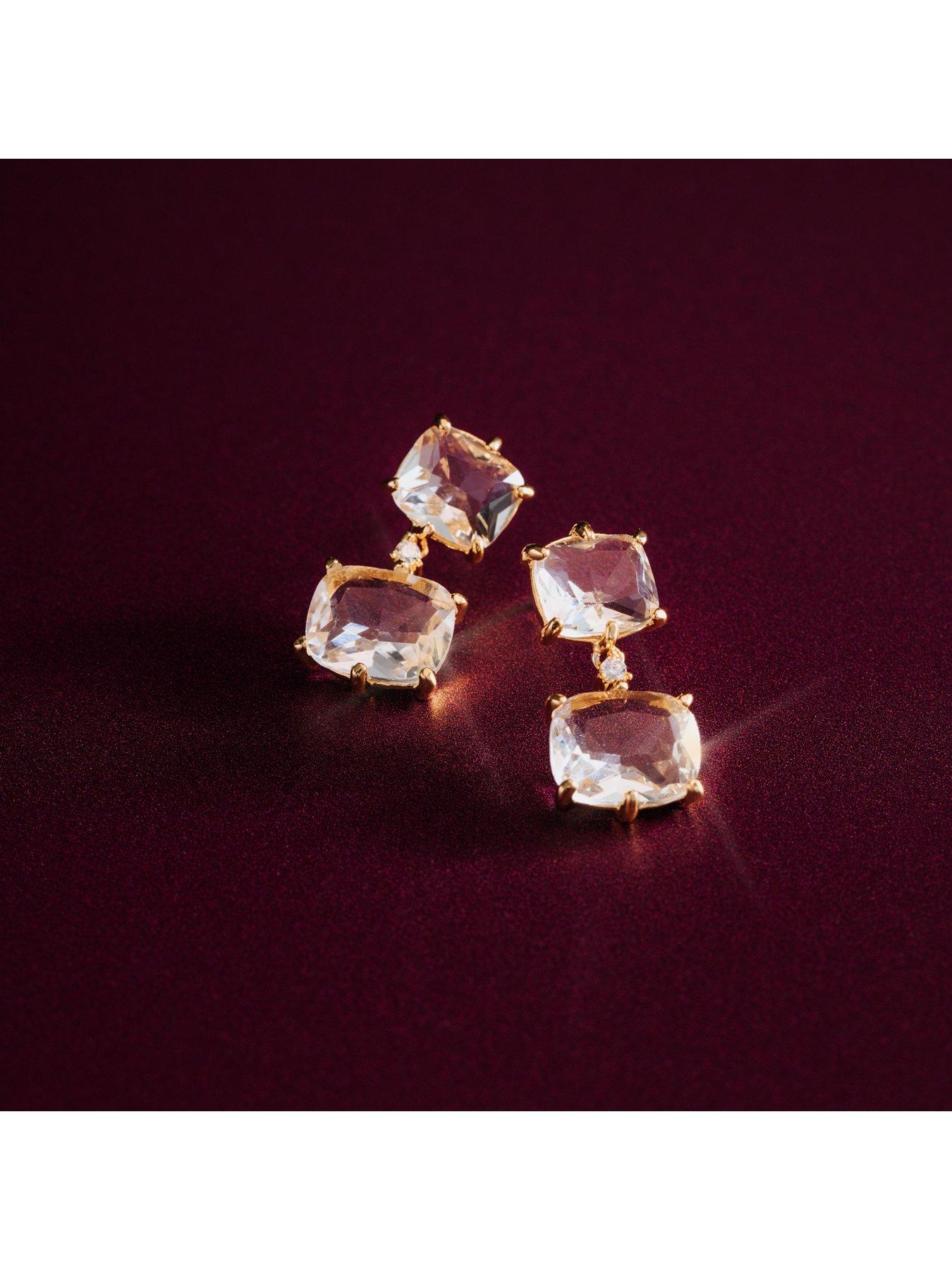 Image 3 of 4 of Orelia Womens Double Drop Crystal Earrings - Gold